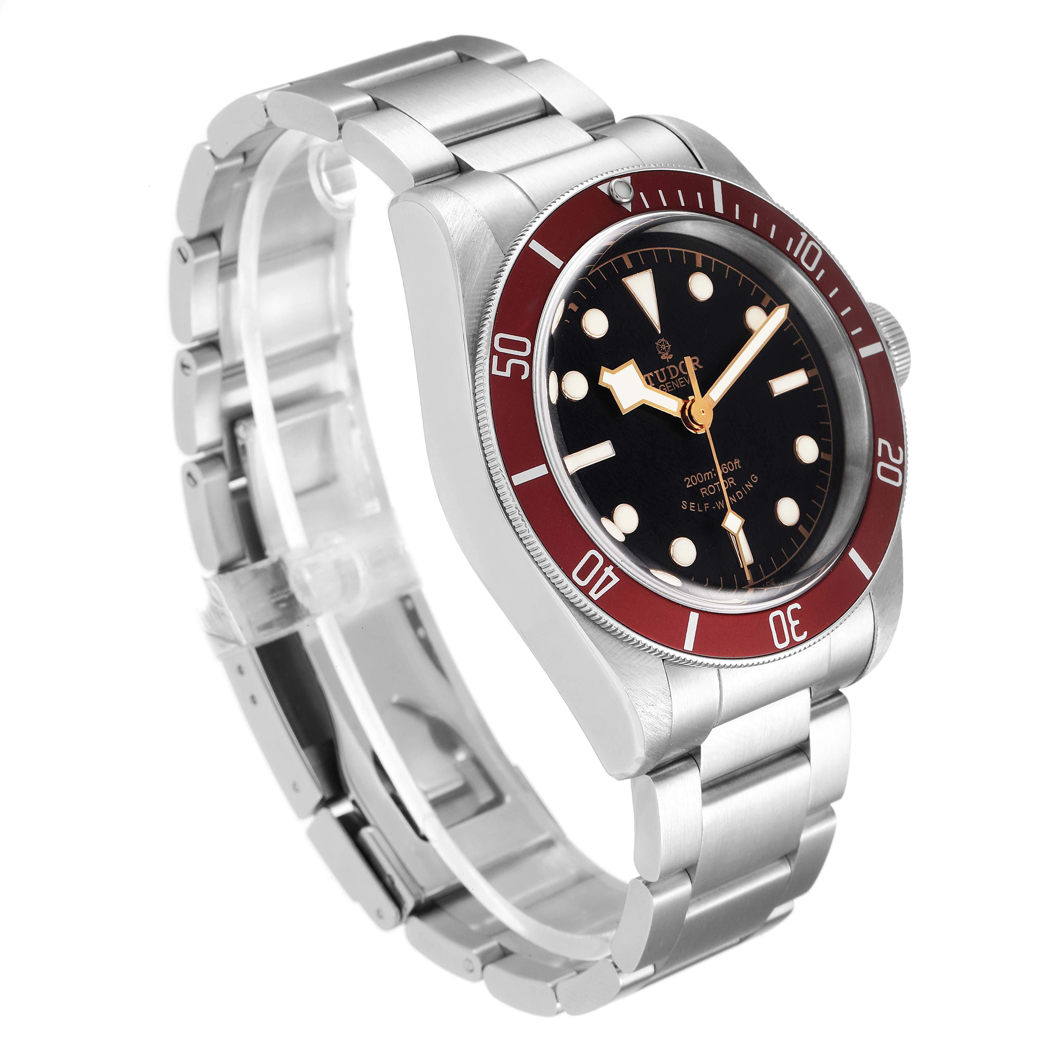 This Heritage Black Bay model by Tudor is shown from an angled view, displaying the dial, bezel, crown, and bracelet.