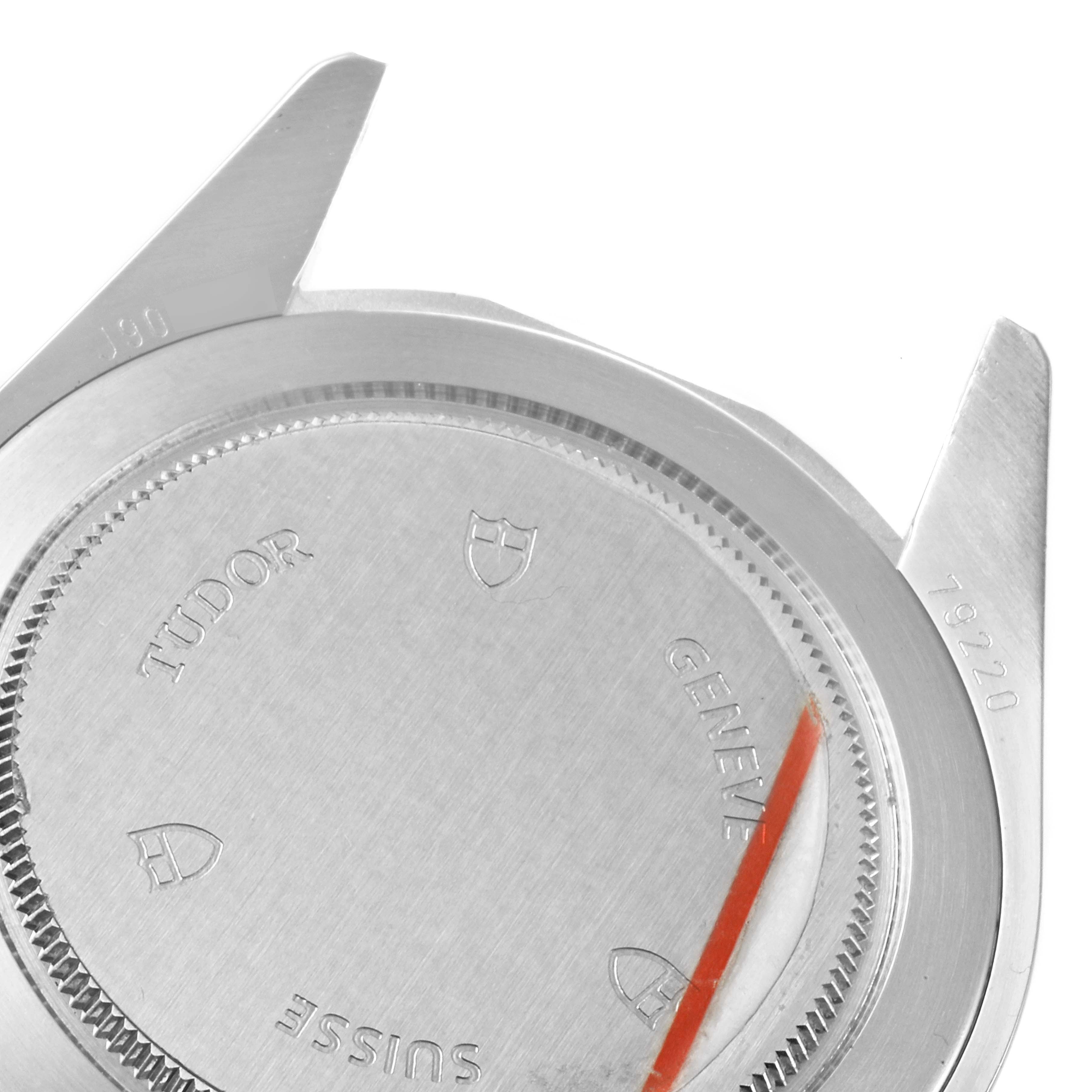 The image shows the back case of a Tudor Heritage Black Bay 79220R Men's Stainless Steel Black Dial 79220R Men's Stainless Steel Black Dial watch, viewed from the rear angle.