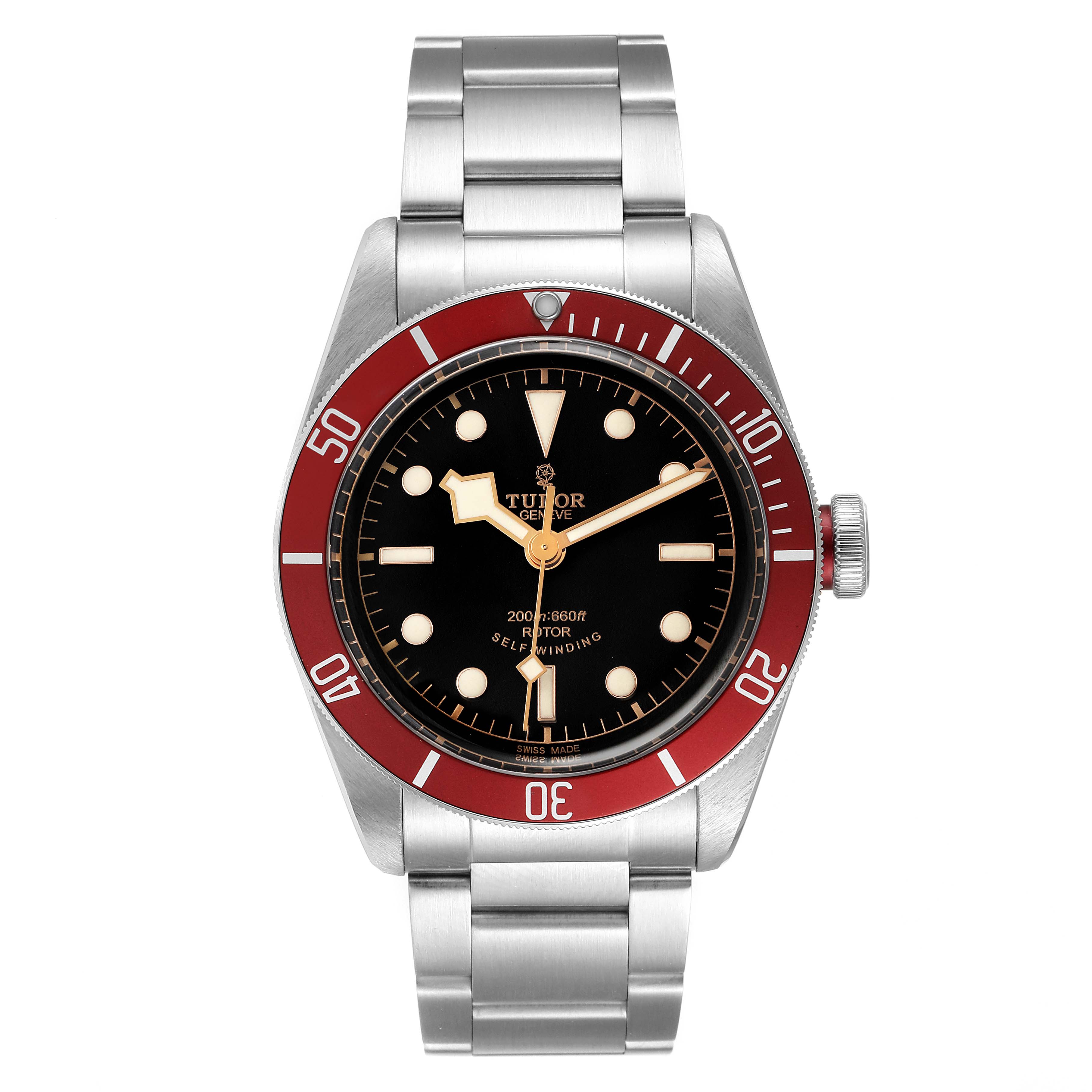 This is a front view of a Tudor Heritage Black Bay 79220R Men's Stainless Steel Black Dial 79220R Men's Stainless Steel Black Dial watch, showing the dial, bezel, case, crown, and bracelet.