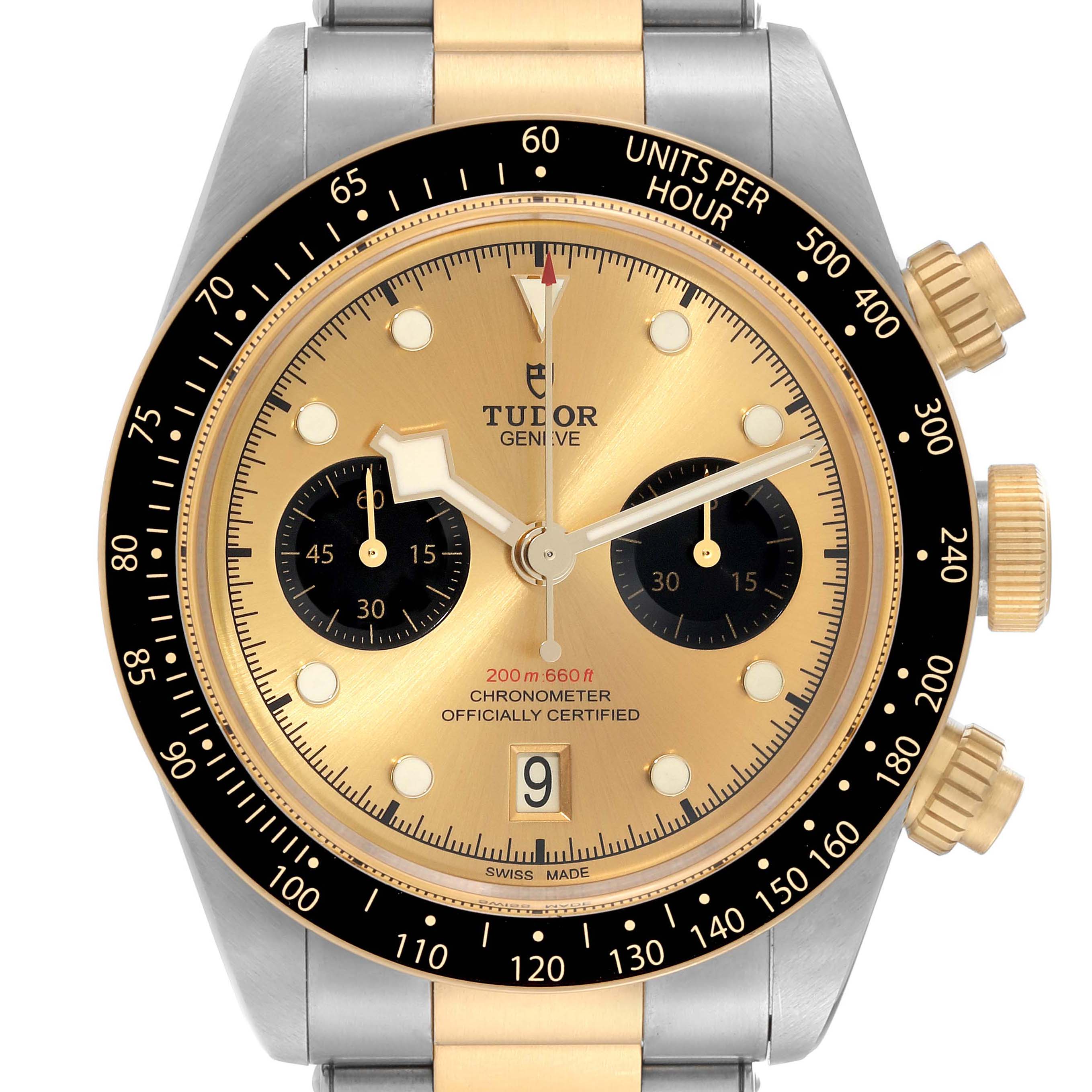 This image shows a front view of the Tudor Heritage Black Bay 79363 Men's Steel and Gold (two tone) Champagne Dial 79363 Men's Steel and Gold (two tone) Champagne Dial watch, highlighting its dial, bezel, and pushers.
