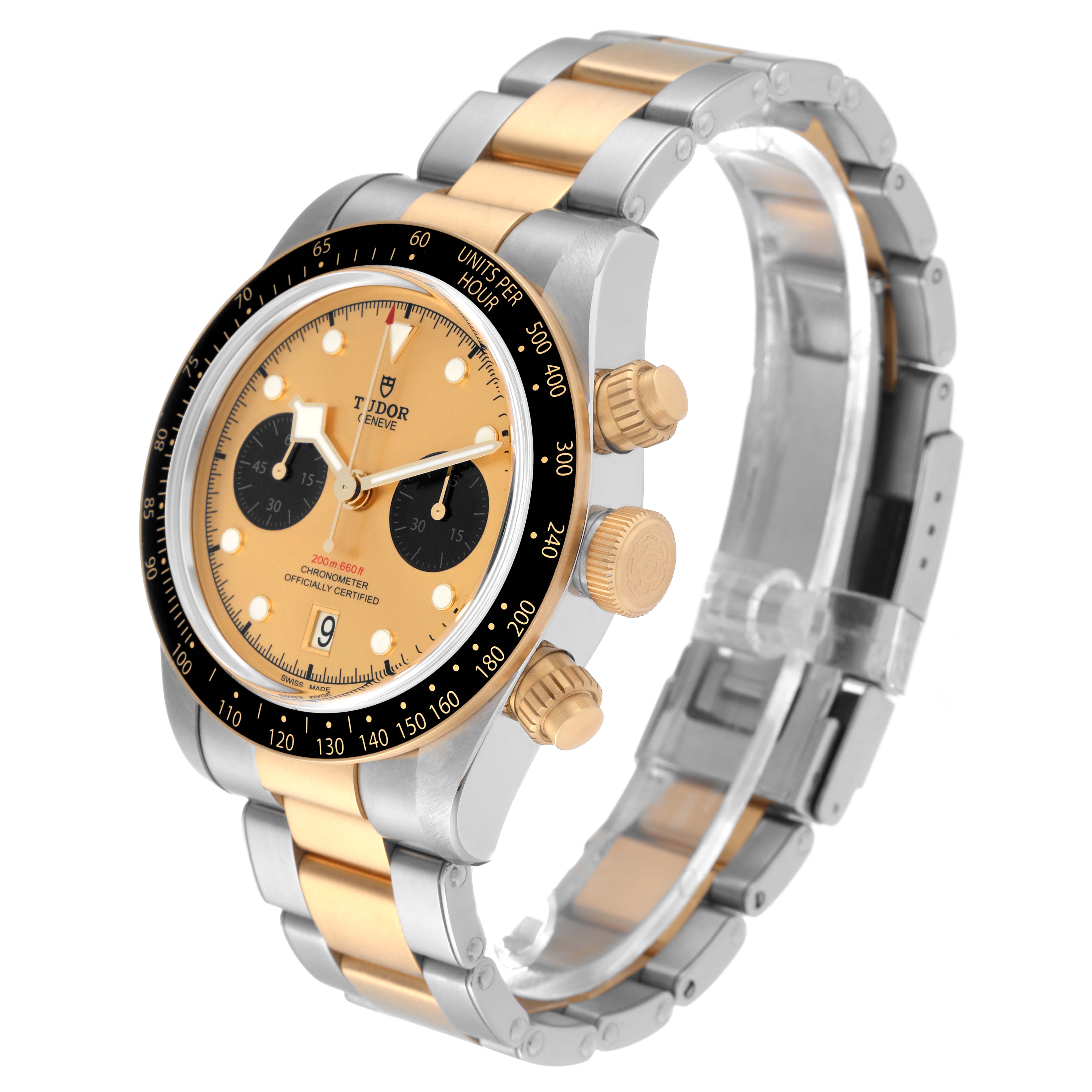 This image shows a side-angle view of a Tudor Heritage Black Bay 79363 Men's Steel and Gold (two tone) Champagne Dial 79363 Men's Steel and Gold (two tone) Champagne Dial watch, highlighting its case, bezel, dial, bracelet, and crown.