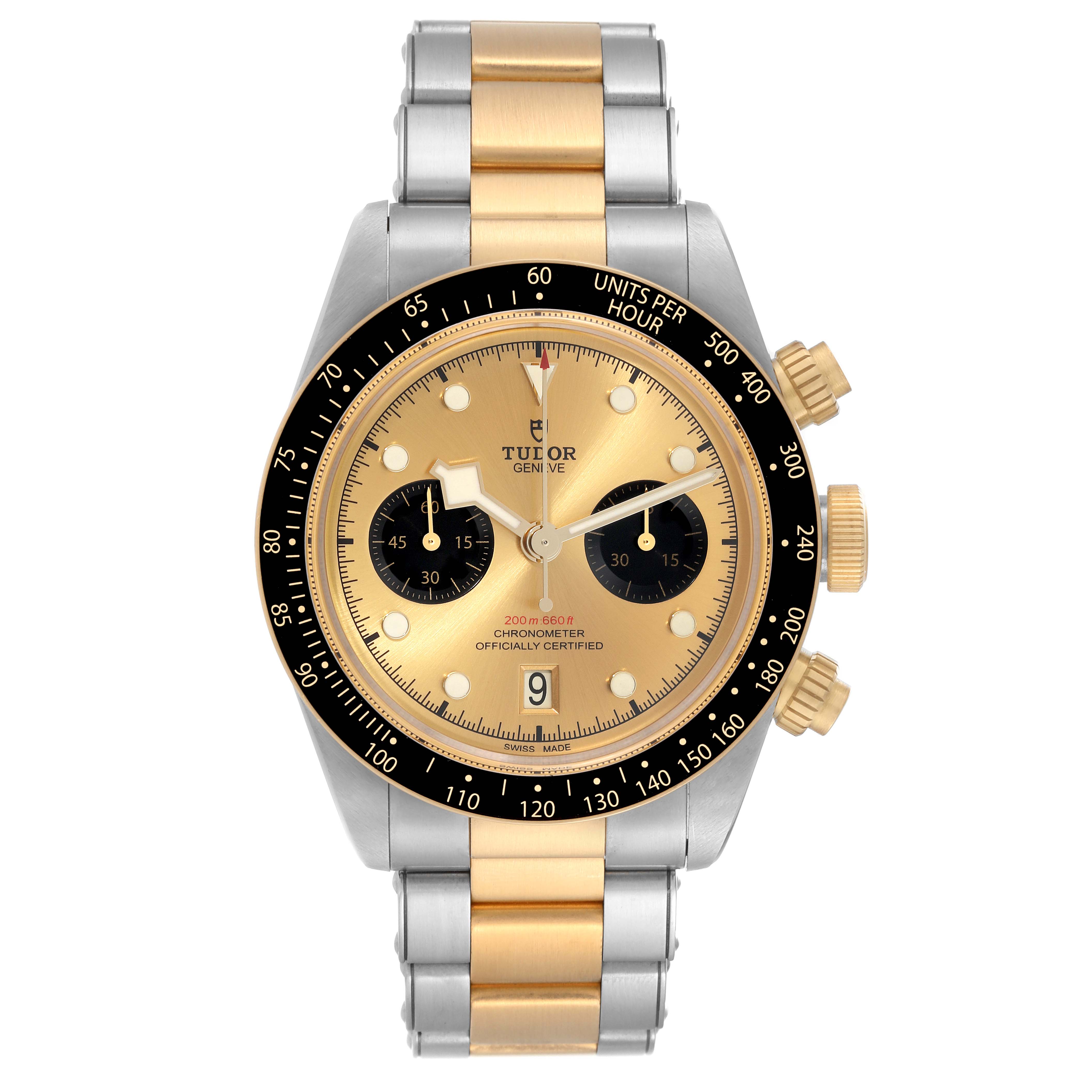The image shows a front view of the Tudor Heritage Black Bay 79363 Men's Steel and Gold (two tone) Champagne Dial 79363 Men's Steel and Gold (two tone) Champagne Dial watch, highlighting its dial, bezel, and bracelet.