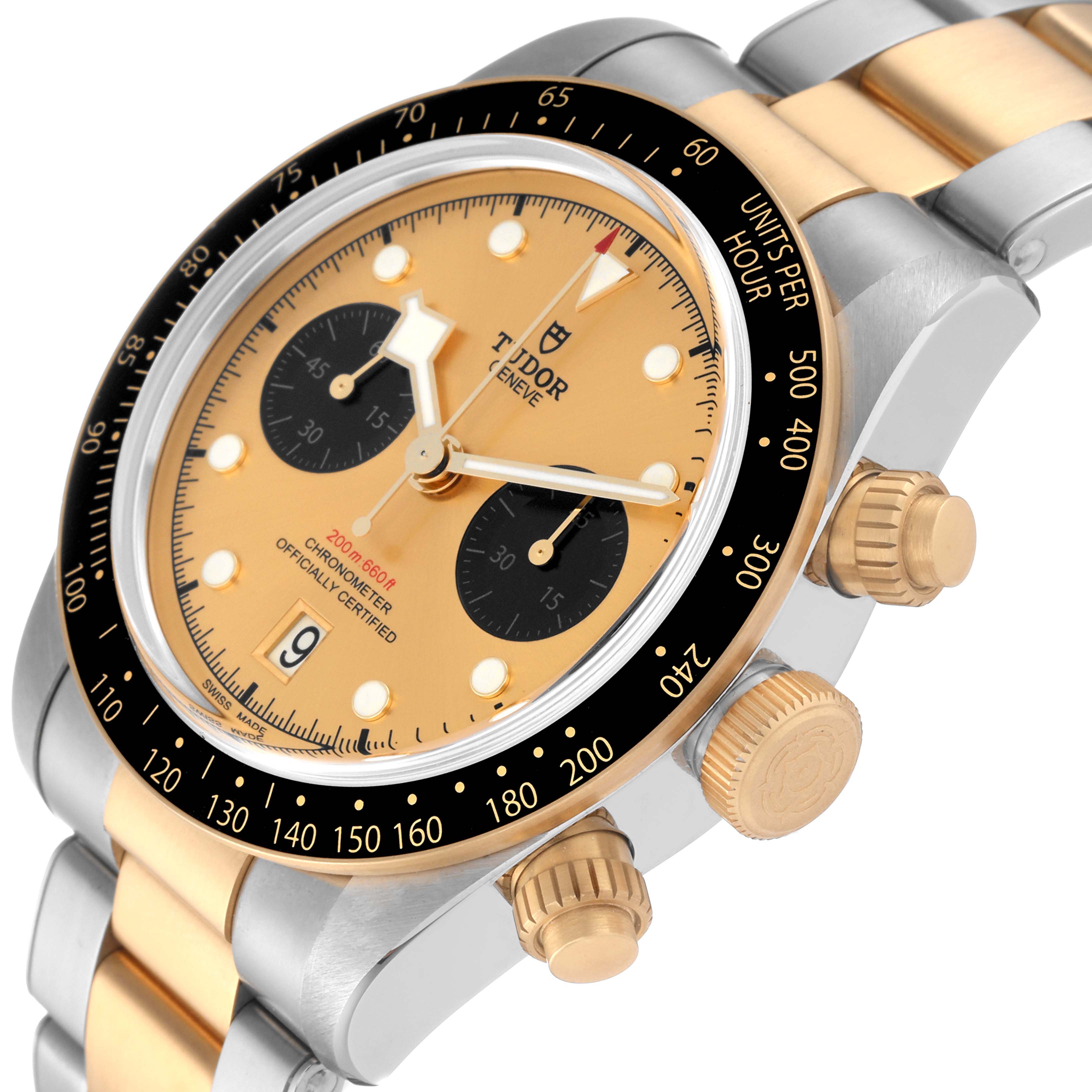 The Tudor Heritage Black Bay 79363 Men's Steel and Gold (two tone) Champagne Dial 79363 Men's Steel and Gold (two tone) Champagne Dial watch is shown at an angle highlighting the gold and silver band, dial, bezel, and crown.
