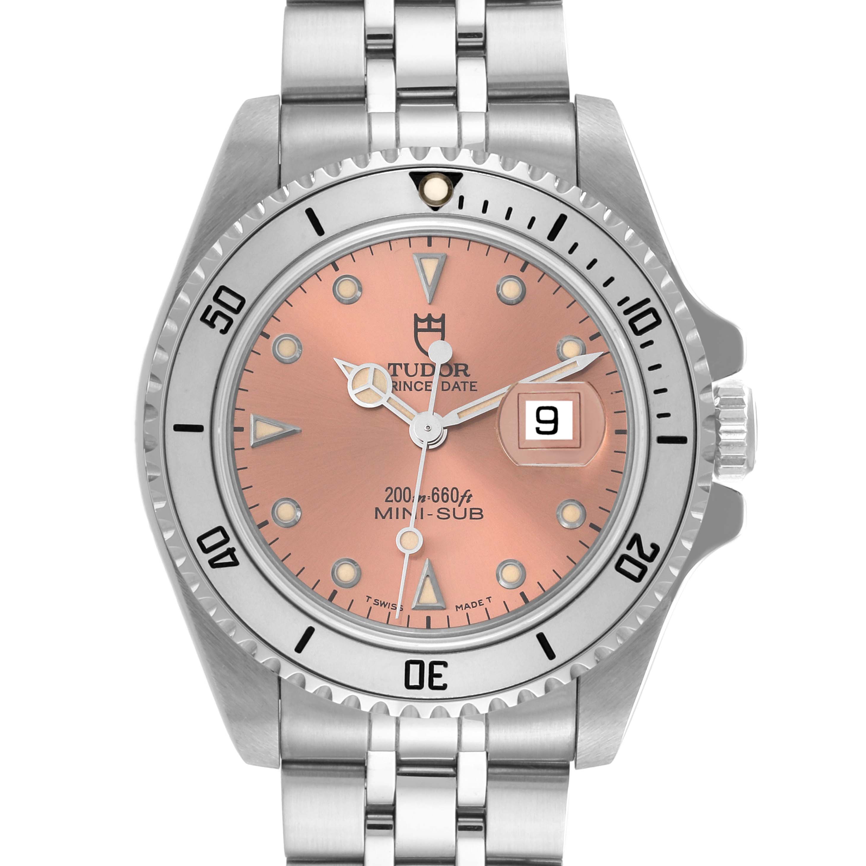 This image shows a frontal view of the Tudor Submariner 73190 Men's Stainless Steel Pink Dial 73190 Men's Stainless Steel Pink Dial watch, highlighting its pink dial, date display, bezel, and bracelet.