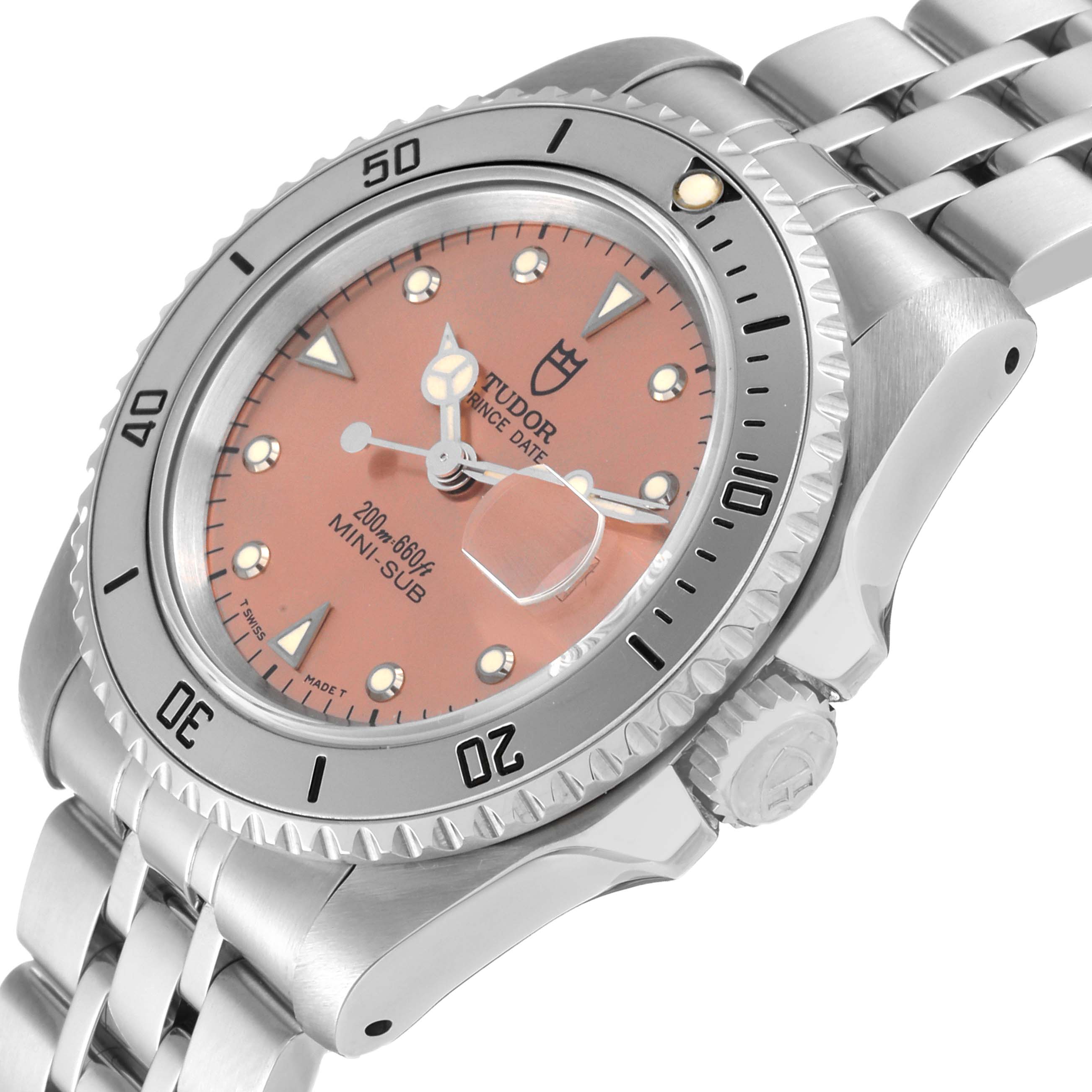 The image shows a Tudor Prince Mini-Sub watch angled to display the dial, bezel, crown, and part of the bracelet.