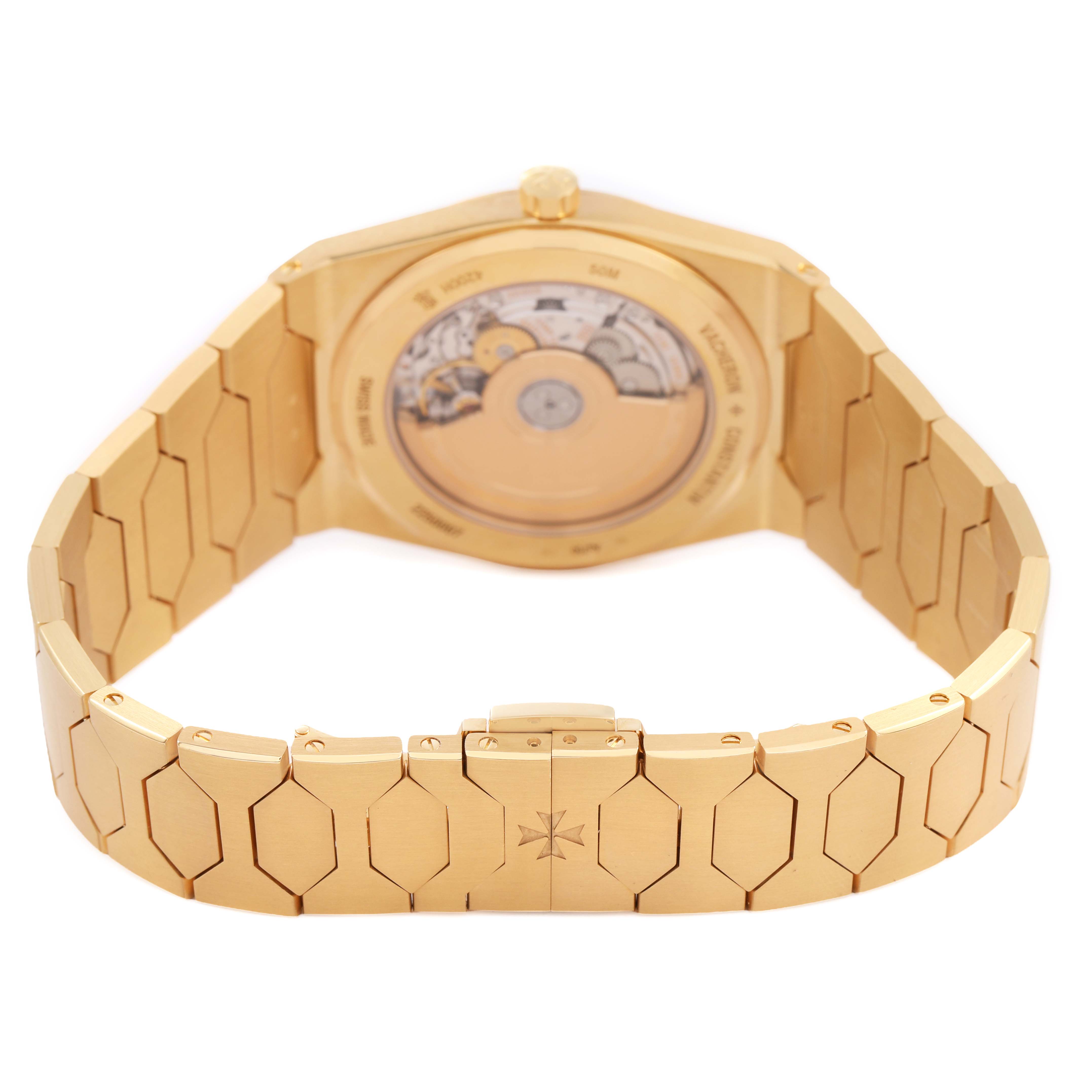 The image shows the back view of a Vacheron Constantin Historiques 4200H/222J-B935 (X42JB935) Men's Yellow Gold Champagne Dial watch, highlighting the open caseback and bracelet design.