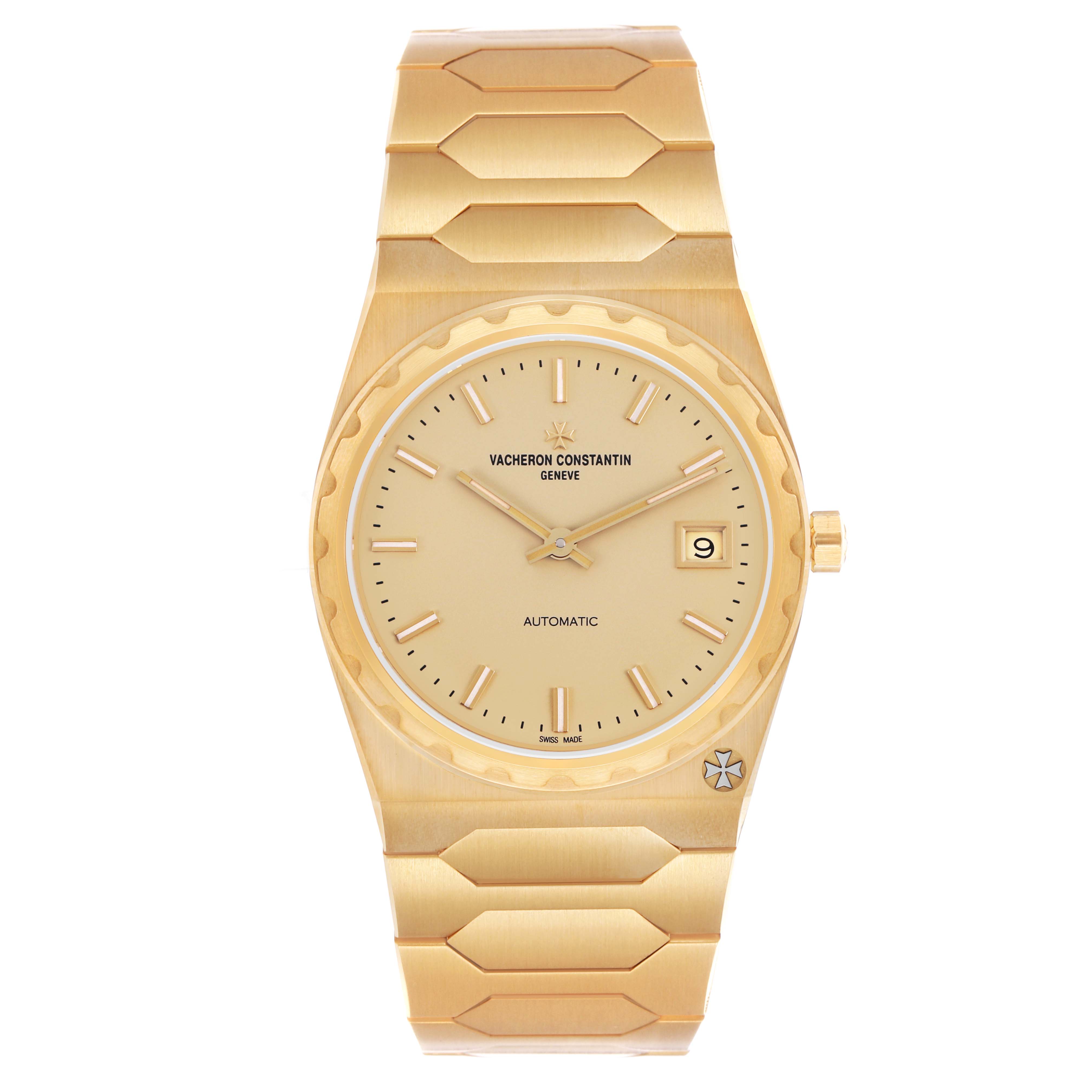 The Vacheron Constantin Historiques 4200H/222J-B935 (X42JB935) Men's Yellow Gold Champagne Dial watch is shown from a front angle, displaying the dial, bezel, and bracelet.