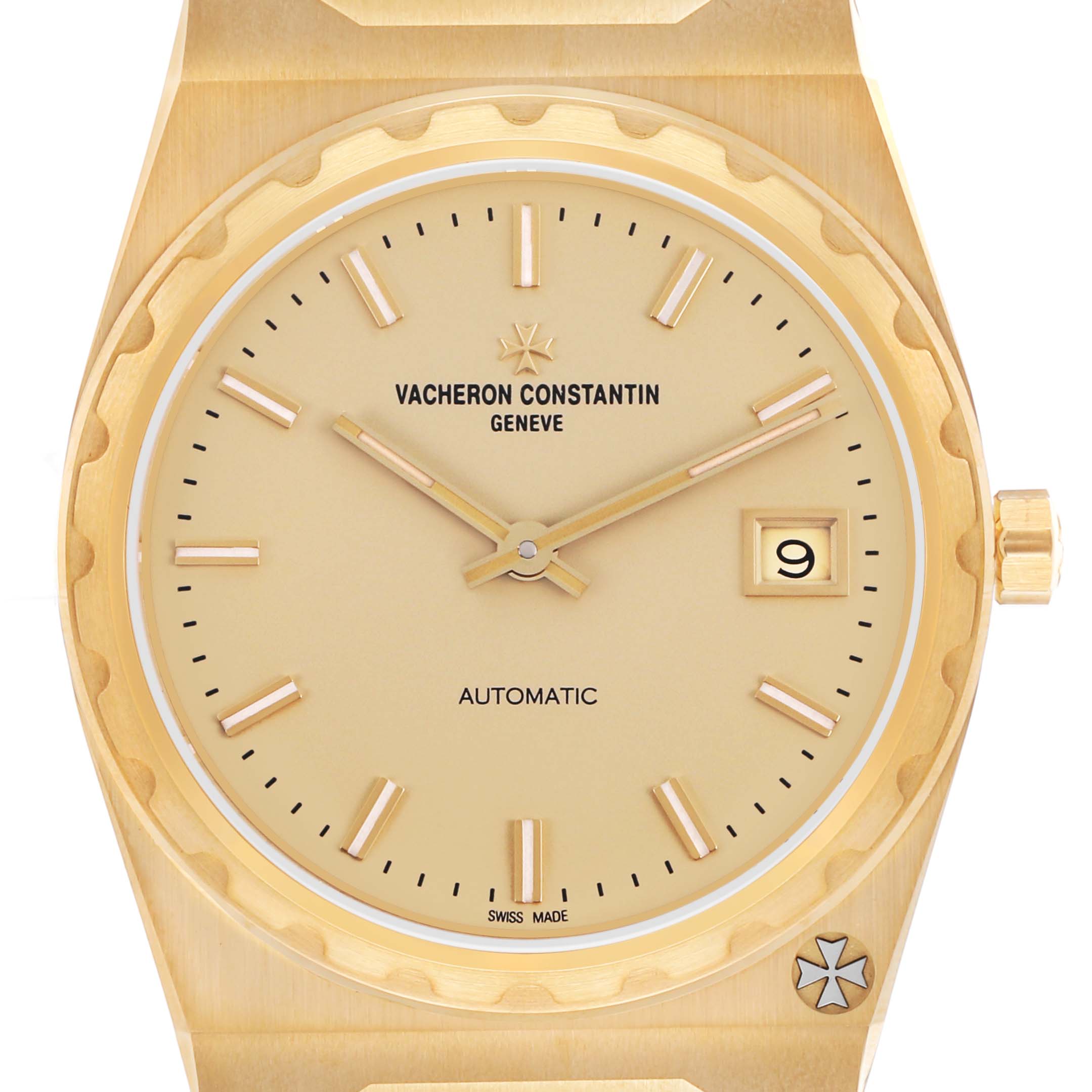 The image shows a frontal view of the Vacheron Constantin Historiques 4200H/222J-B935 (X42JB935) Men's Yellow Gold Champagne Dial watch, focusing on its dial, hands, date window, and crown.