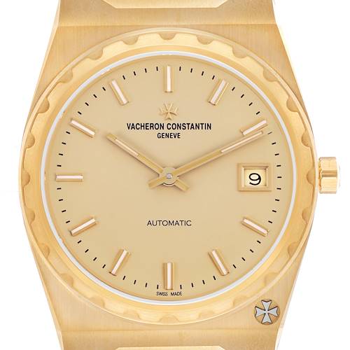 The Vacheron Constantin Historiques 4200H/222J-B935 (X42JB935) Men's Yellow Gold Champagne Dial watch is shown from the front, highlighting the dial, hands, date window, and crown.