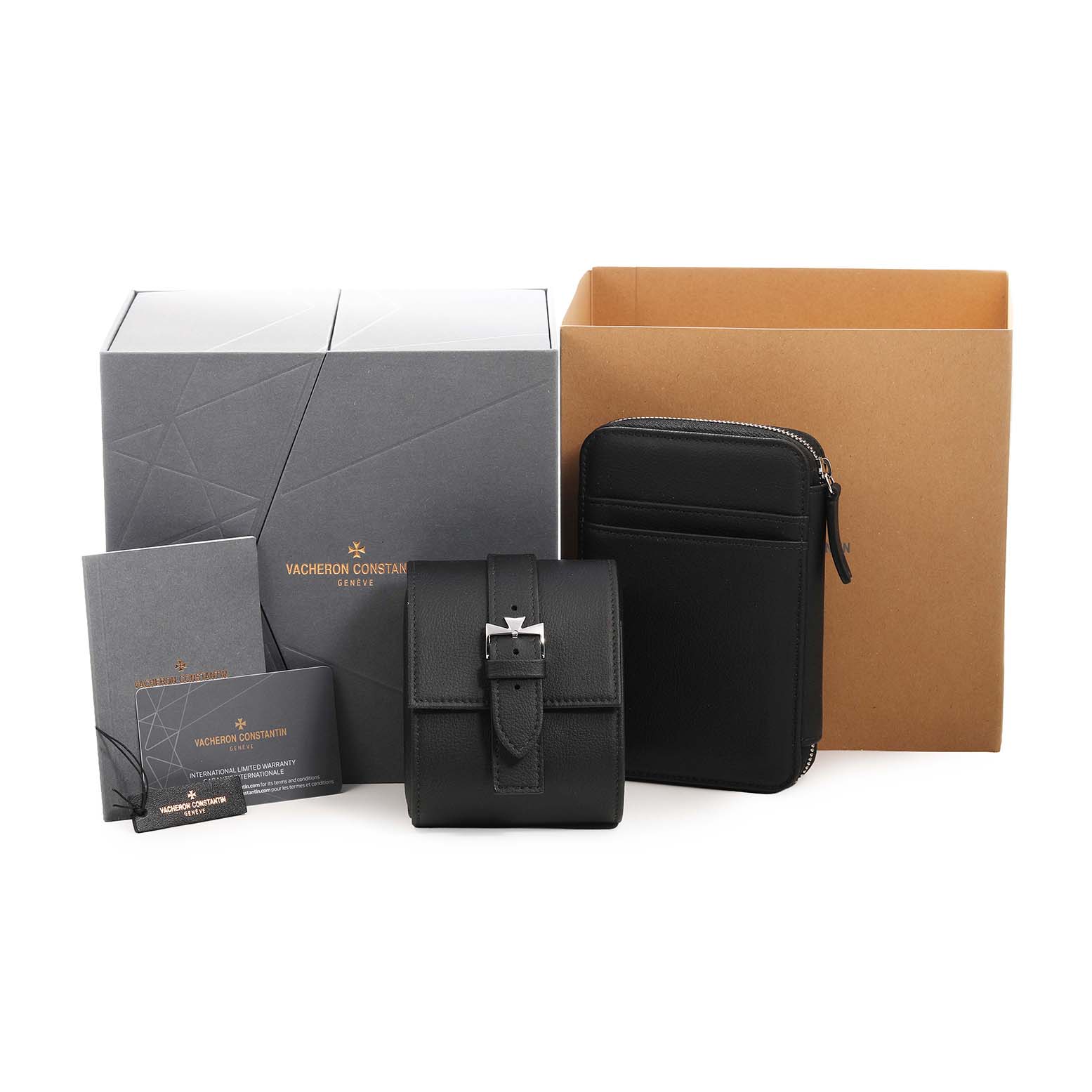 The image shows packaging and accessories for a Vacheron Constantin Historiques 4200H/222J-B935 (X42JB935) Men's Yellow Gold Champagne Dial watch, including boxes, pouches, and documentation.