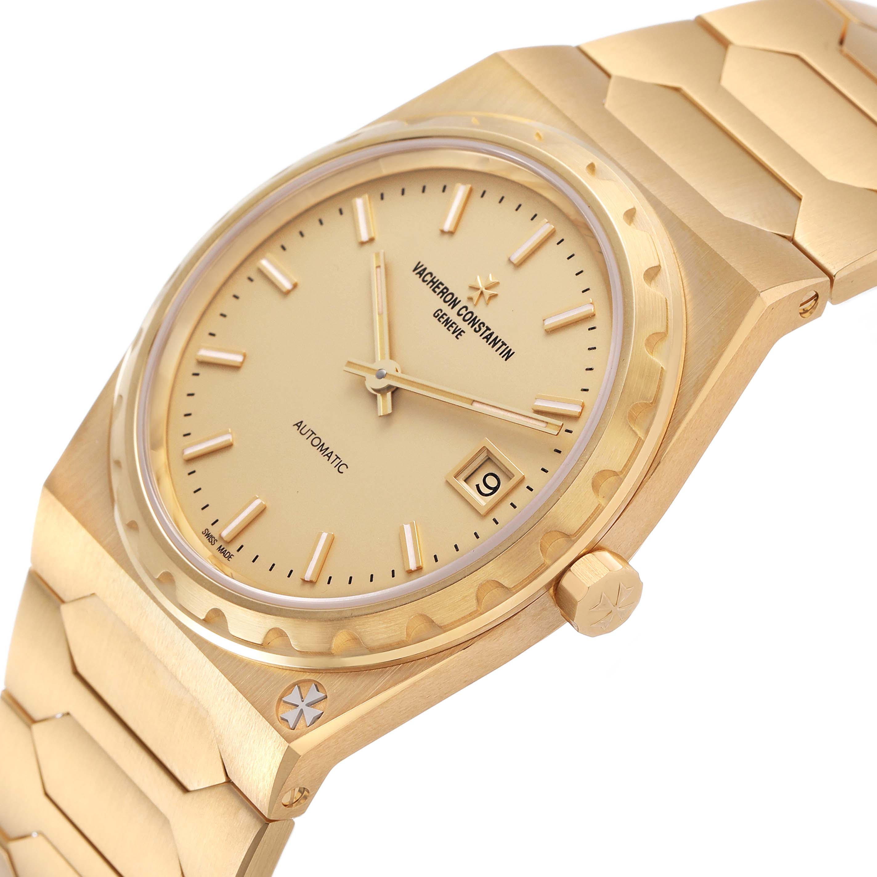 The Vacheron Constantin Historiques 4200H/222J-B935 (X42JB935) Men's Yellow Gold Champagne Dial watch is shown at an angle highlighting the face, bezel, bracelet, and crown.