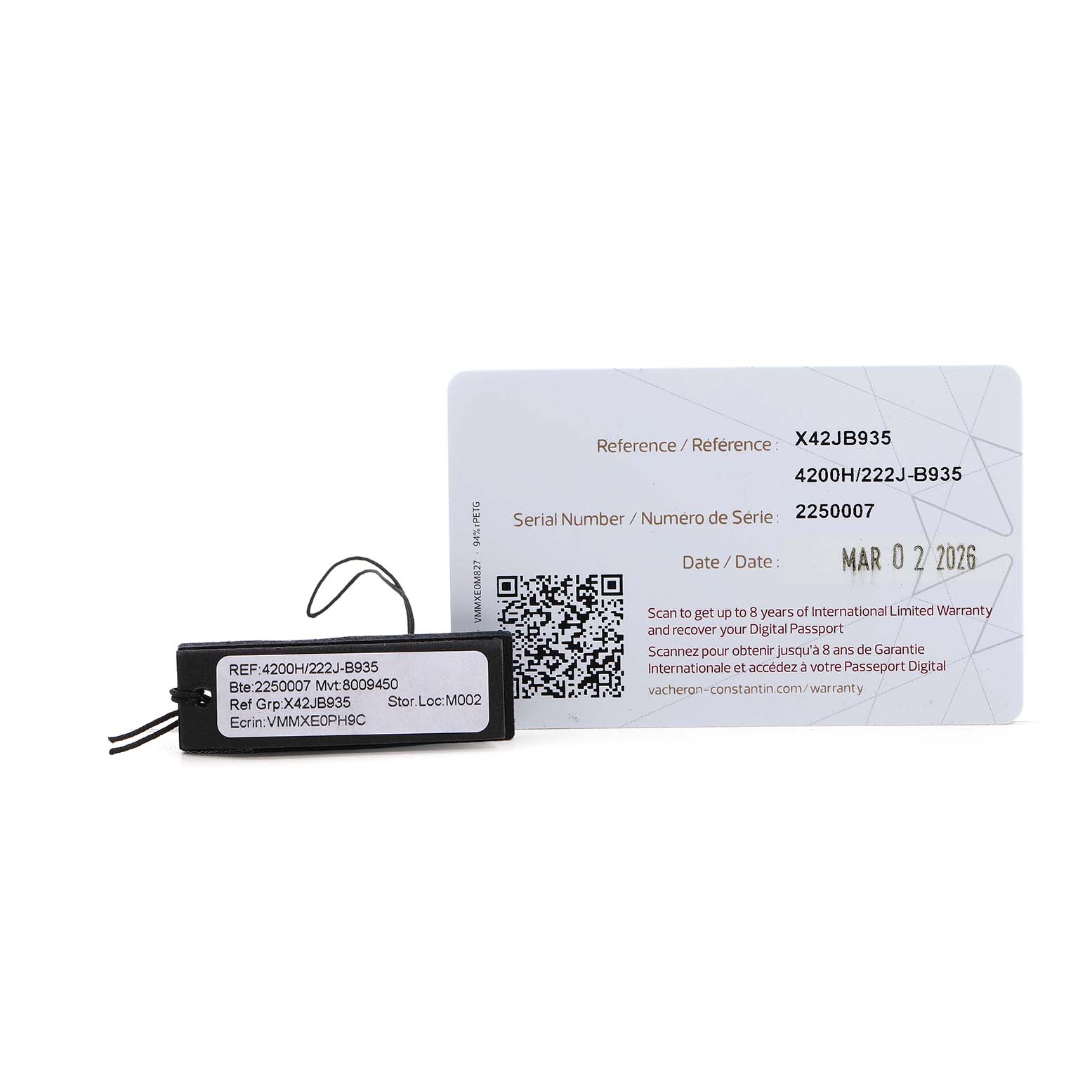 The image shows authentication documents and a tag for the Historiques model by Vacheron Constantin.