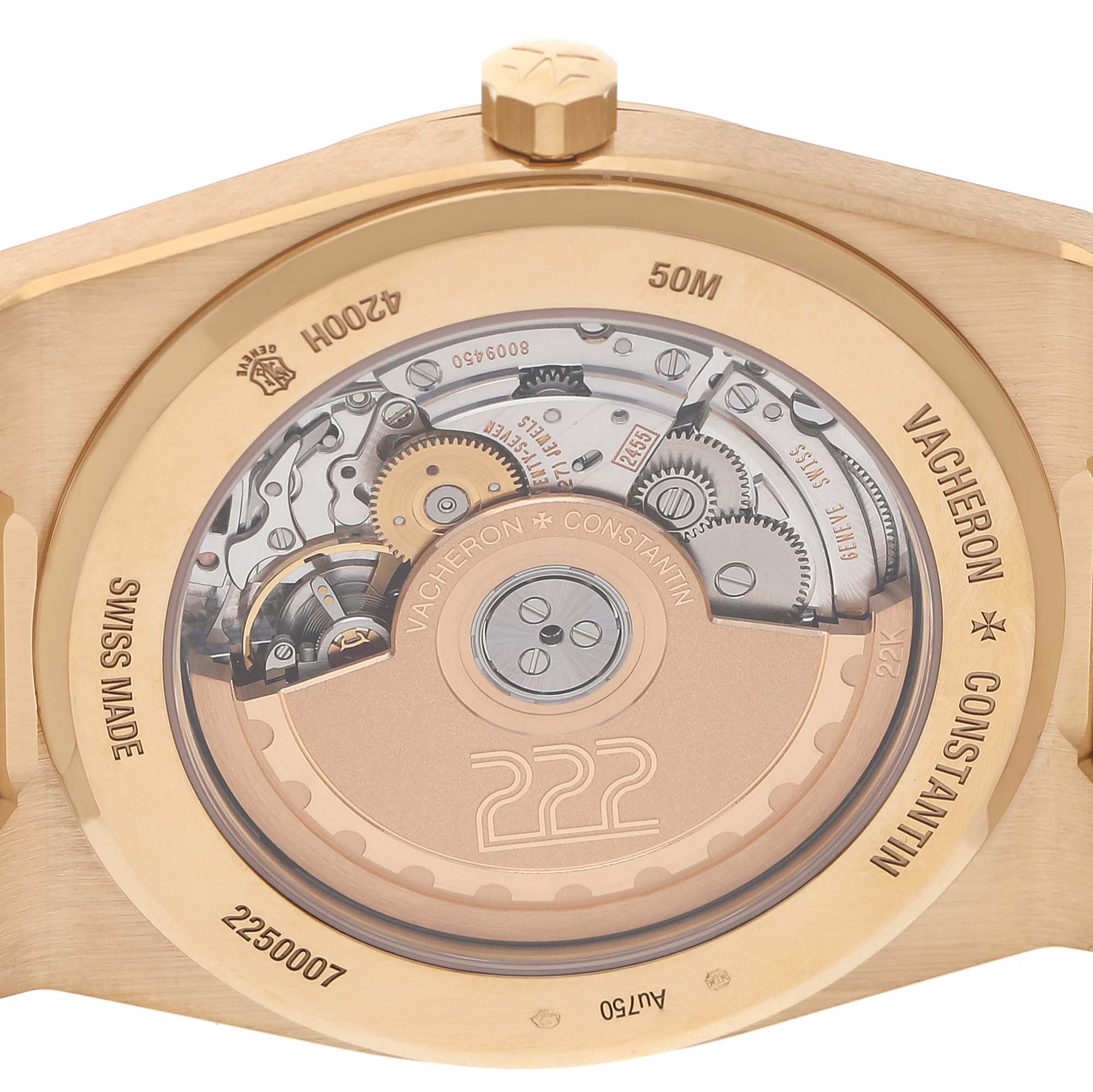 The image shows the exhibition case back and movement of a Vacheron Constantin Historiques 4200H/222J-B935 (X42JB935) Men's Yellow Gold Champagne Dial model, displaying its intricate mechanics.