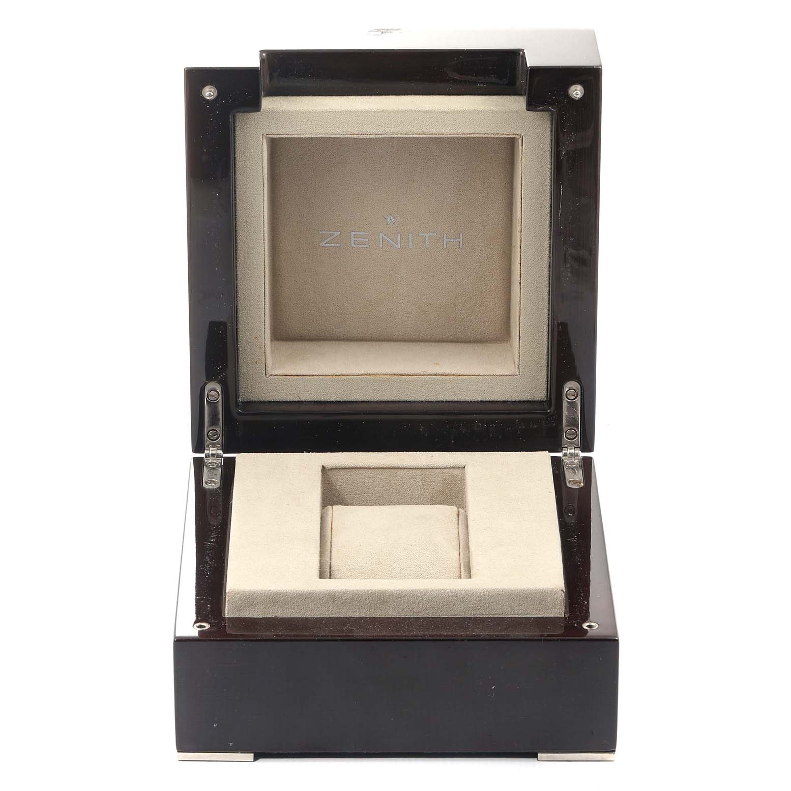 This is an open case for the Zenith Chronomaster 01.0240.410 Men's Stainless Steel Silver Dial 01.0240.410 Men's Stainless Steel Silver Dial model watch, showing the interior cushioning and storage compartment.