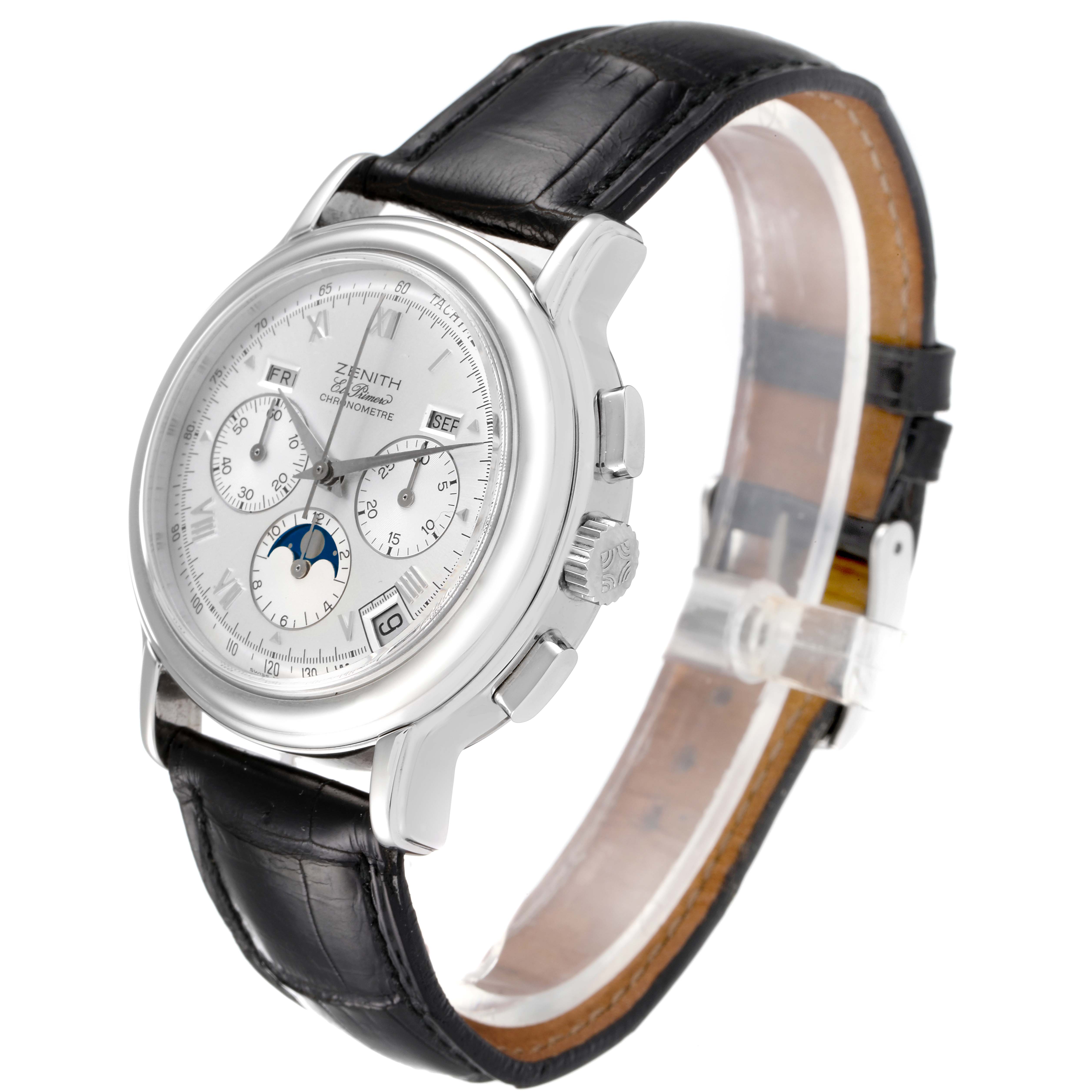 The Zenith Chronomaster 01.0240.410 Men's Stainless Steel Silver Dial 01.0240.410 Men's Stainless Steel Silver Dial watch is shown at a three-quarter angle displaying the dial, crown, and leather strap.