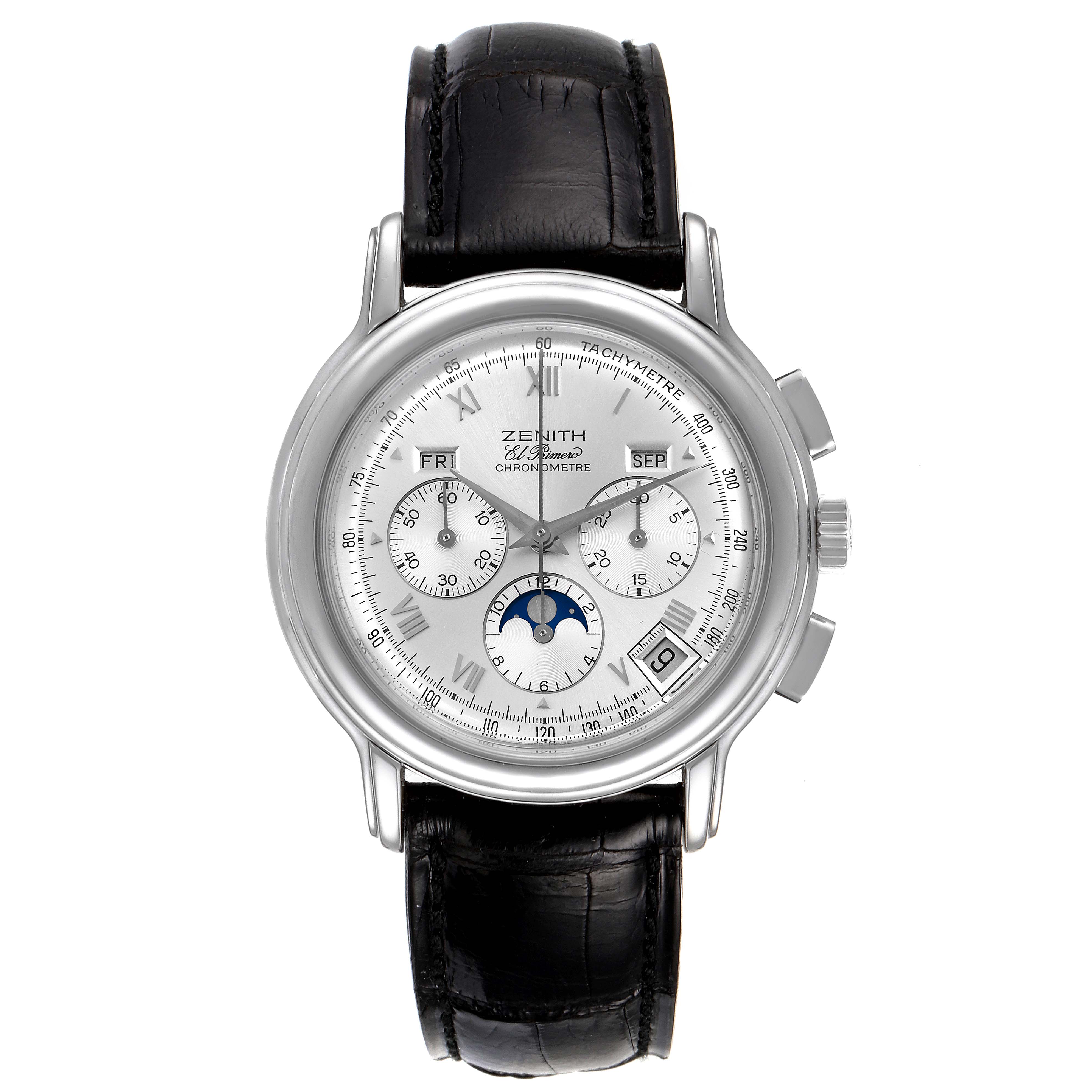 The Zenith Chronomaster 01.0240.410 Men's Stainless Steel Silver Dial 01.0240.410 Men's Stainless Steel Silver Dial watch is shown from a top-down angle, displaying the dial, sub-dials, pushers, and black leather strap.