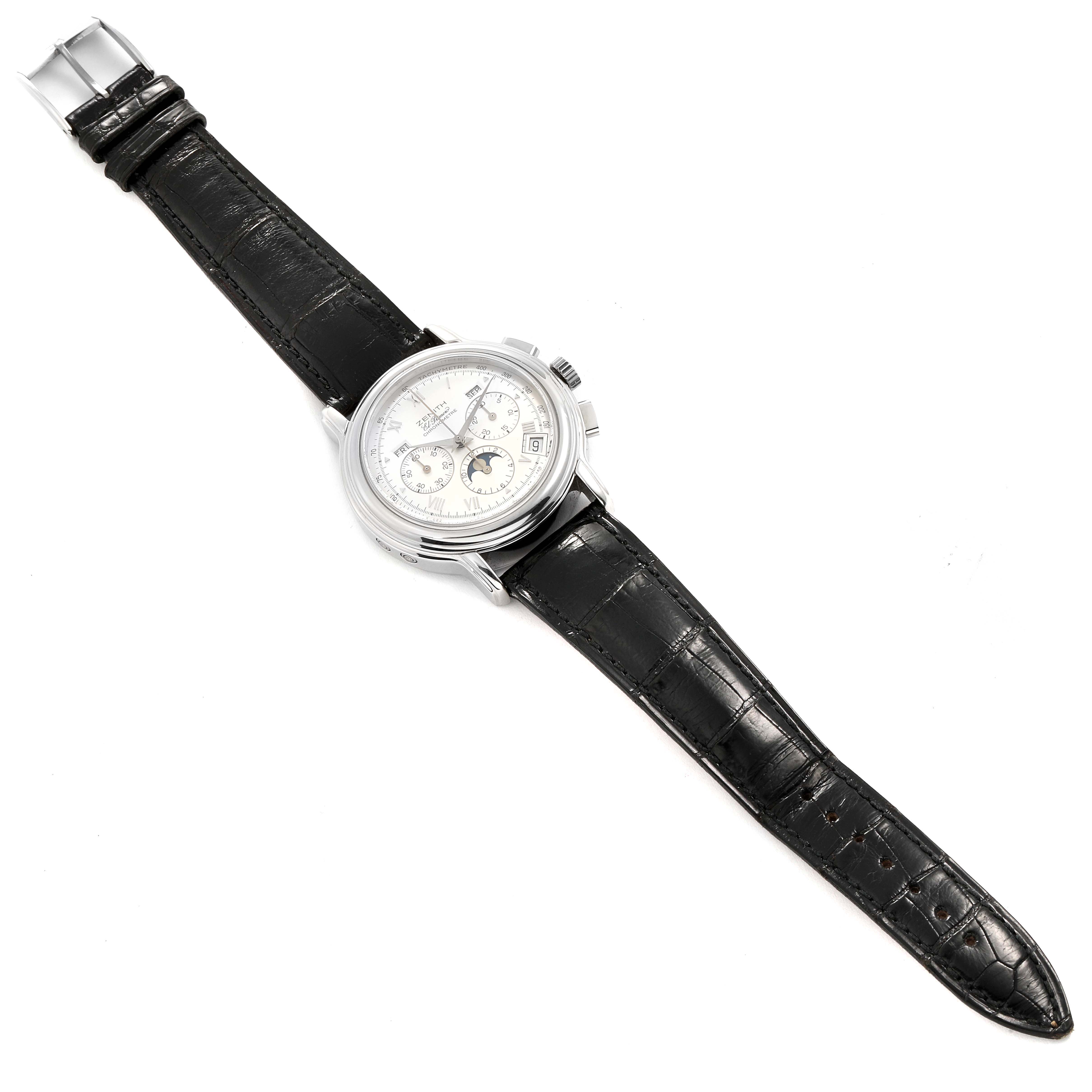 The image shows a Zenith Chronomaster 01.0240.410 Men's Stainless Steel Silver Dial 01.0240.410 Men's Stainless Steel Silver Dial watch, photographed flat from the top, highlighting the face, dials, and black leather strap.