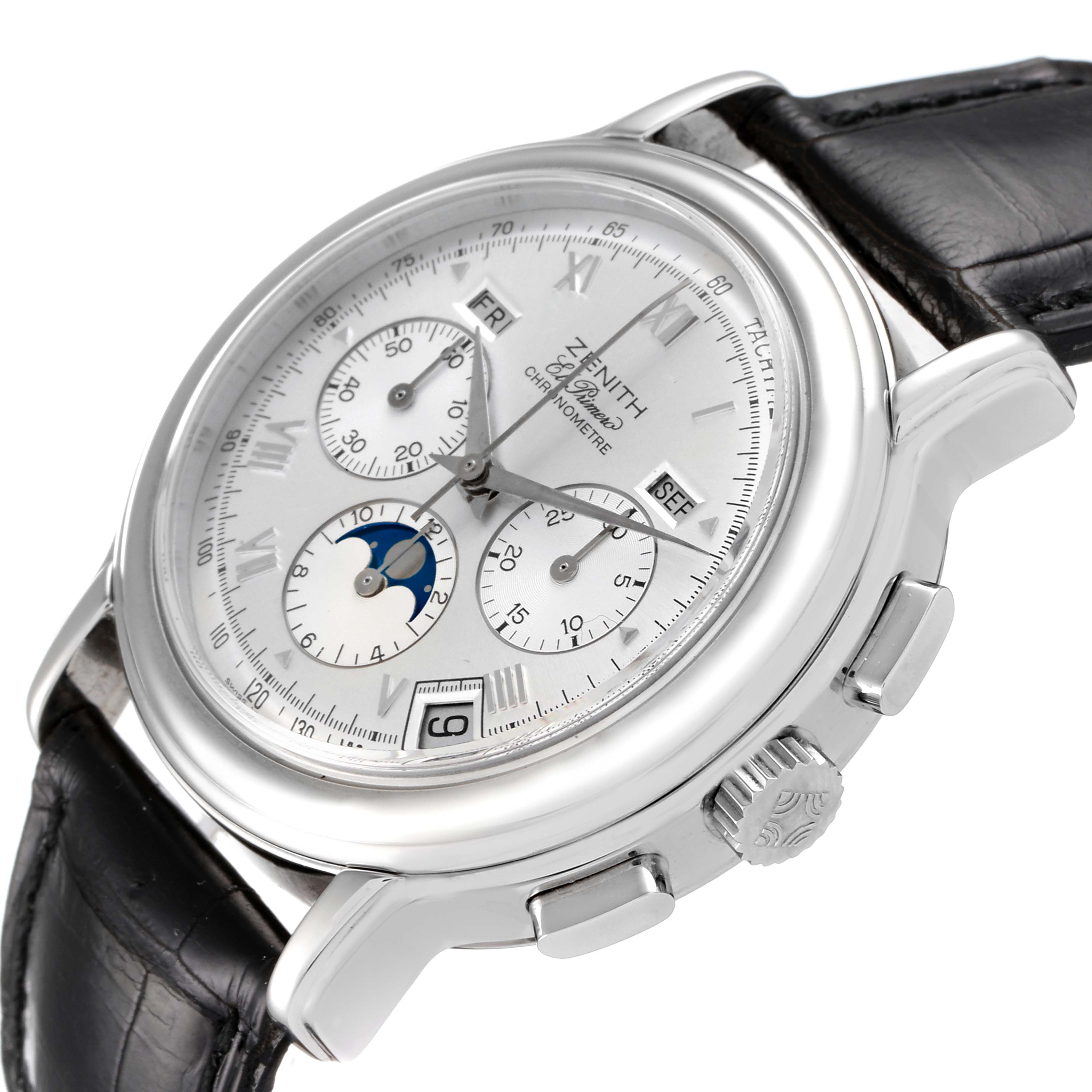 The image shows a side angle of a Zenith Chronomaster 01.0240.410 Men's Stainless Steel Silver Dial 01.0240.410 Men's Stainless Steel Silver Dial watch highlighting the dial, crown, pushers, and part of the leather strap.