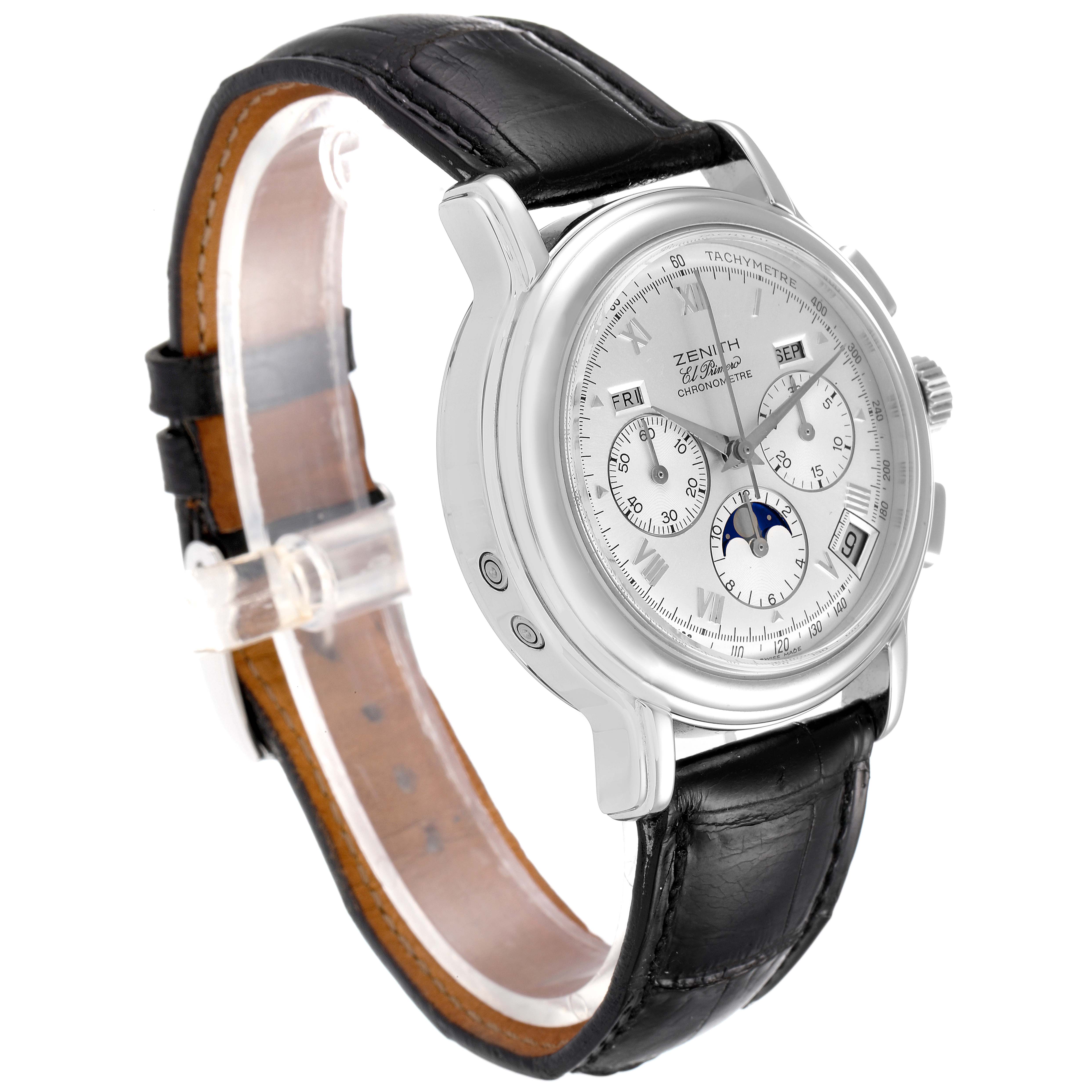 The Zenith Chronomaster 01.0240.410 Men's Stainless Steel Silver Dial 01.0240.410 Men's Stainless Steel Silver Dial watch is shown at a three-quarter angle, displaying its dial, case, and leather strap.