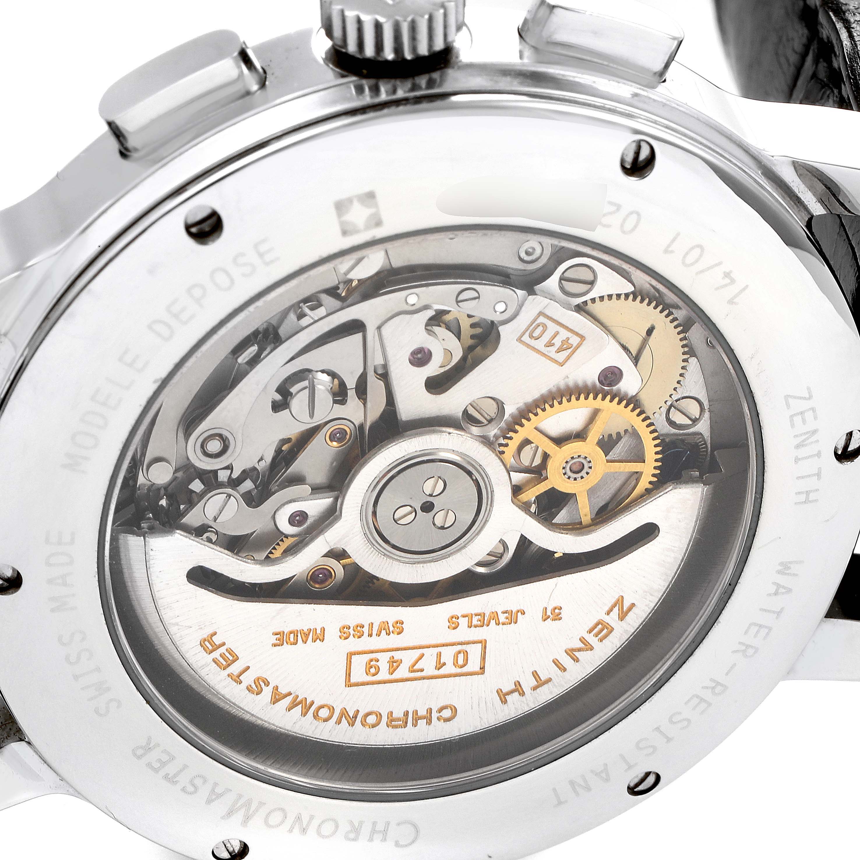 This image shows the back view of the Zenith Chronomaster 01.0240.410 Men's Stainless Steel Silver Dial 01.0240.410 Men's Stainless Steel Silver Dial watch, highlighting its intricate mechanical movement.