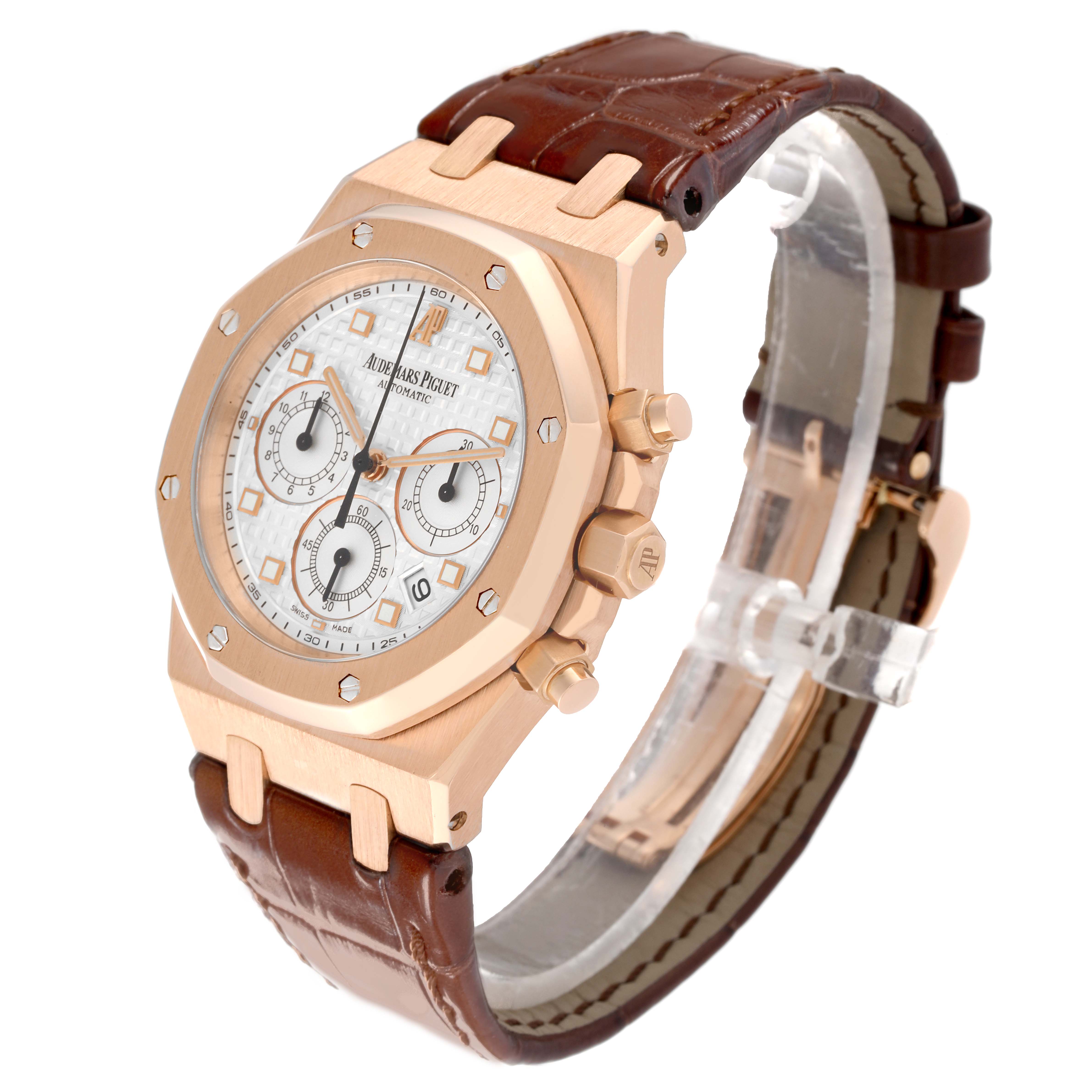 The image shows the Audemars Piguet Royal Oak 26022OR.OO.D088CR.01 Men's Rose Gold Silver Dial 26022OR.OO.D088CR.01 Men's Rose Gold Silver Dial model watch at a three-quarter angle, highlighting the case, dial, and leather strap.