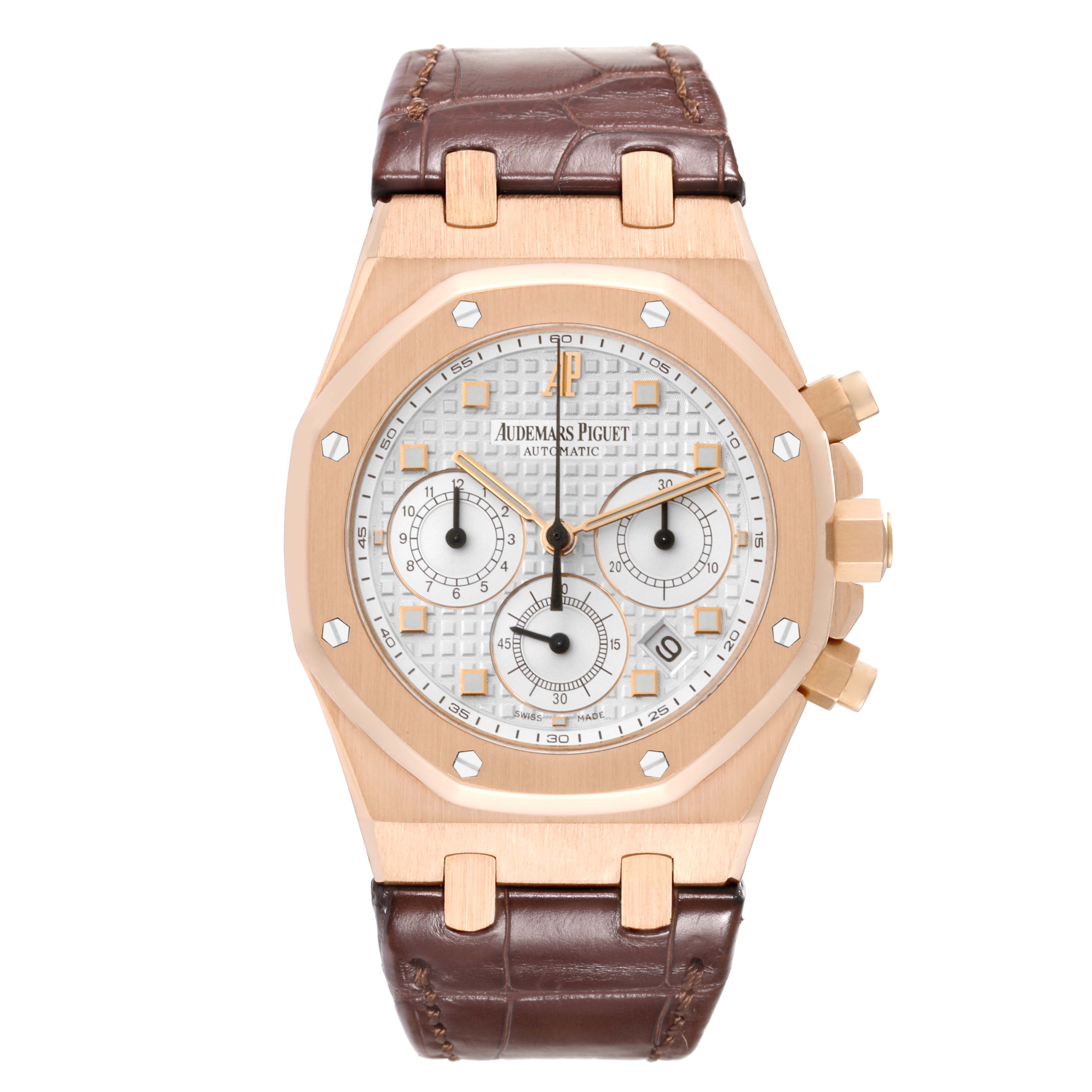 This image shows a front view of the Audemars Piguet Royal Oak 26022OR.OO.D088CR.01 Men's Rose Gold Silver Dial 26022OR.OO.D088CR.01 Men's Rose Gold Silver Dial watch, highlighting the face, bezel, and leather strap.