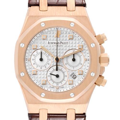 The image shows a front view of the Audemars Piguet Royal Oak watch, featuring its dial, subdials, crown, and part of the strap.