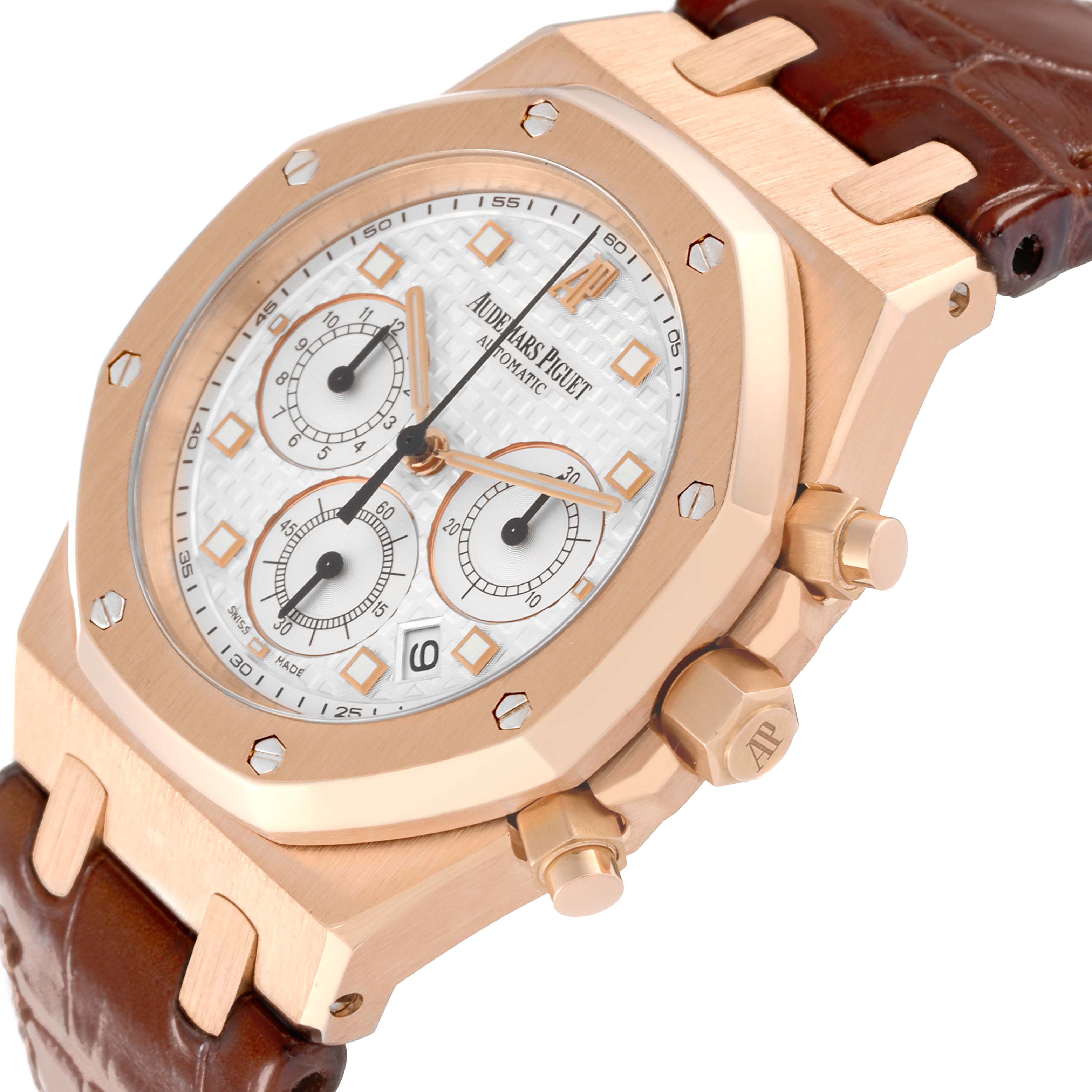 The image shows an angled view of the Audemars Piguet Royal Oak 26022OR.OO.D088CR.01 Men's Rose Gold Silver Dial 26022OR.OO.D088CR.01 Men's Rose Gold Silver Dial watch, highlighting the dial, bezel, and part of the leather strap.