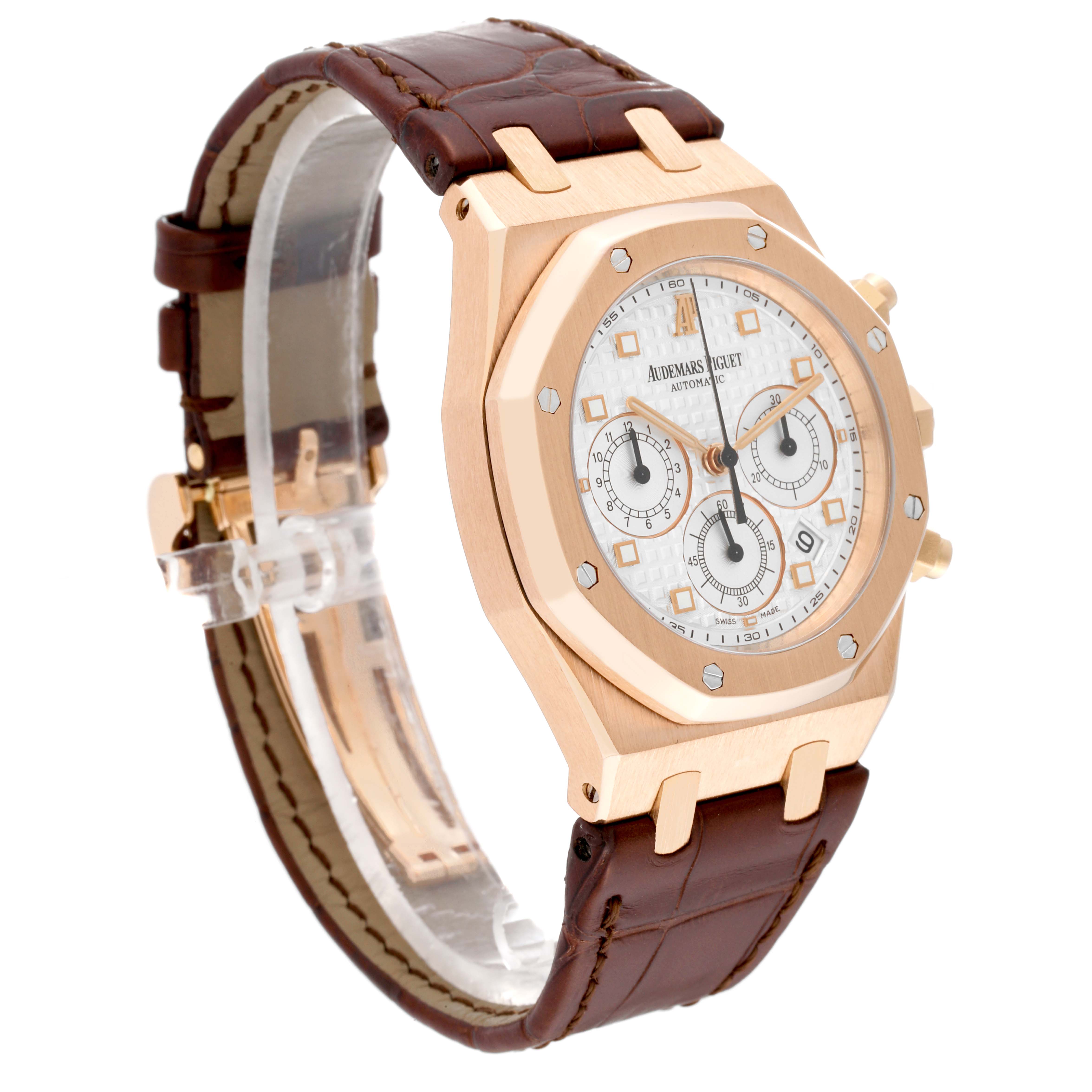 The image shows an Audemars Piguet Royal Oak 26022OR.OO.D088CR.01 Men's Rose Gold Silver Dial 26022OR.OO.D088CR.01 Men's Rose Gold Silver Dial watch at a slight front side angle, highlighting the case, dial, and leather strap.