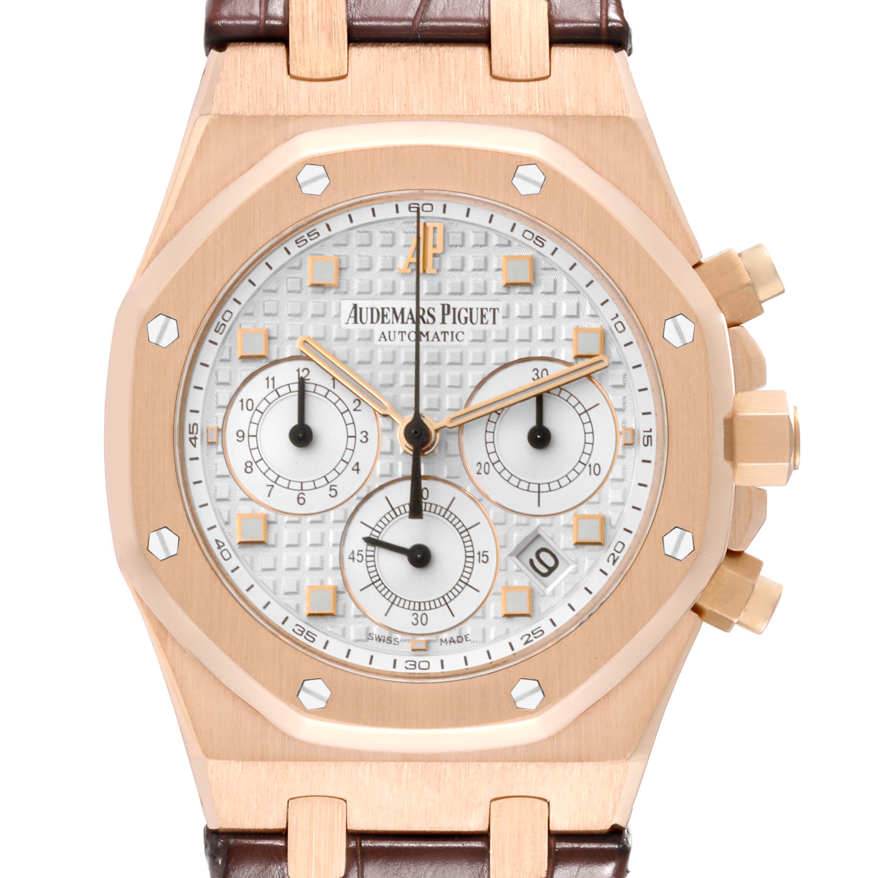 This image shows the front view of an Audemars Piguet Royal Oak 26022OR.OO.D088CR.01 Men's Rose Gold Silver Dial 26022OR.OO.D088CR.01 Men's Rose Gold Silver Dial watch, highlighting its octagonal bezel, sub-dials, and pushers.
