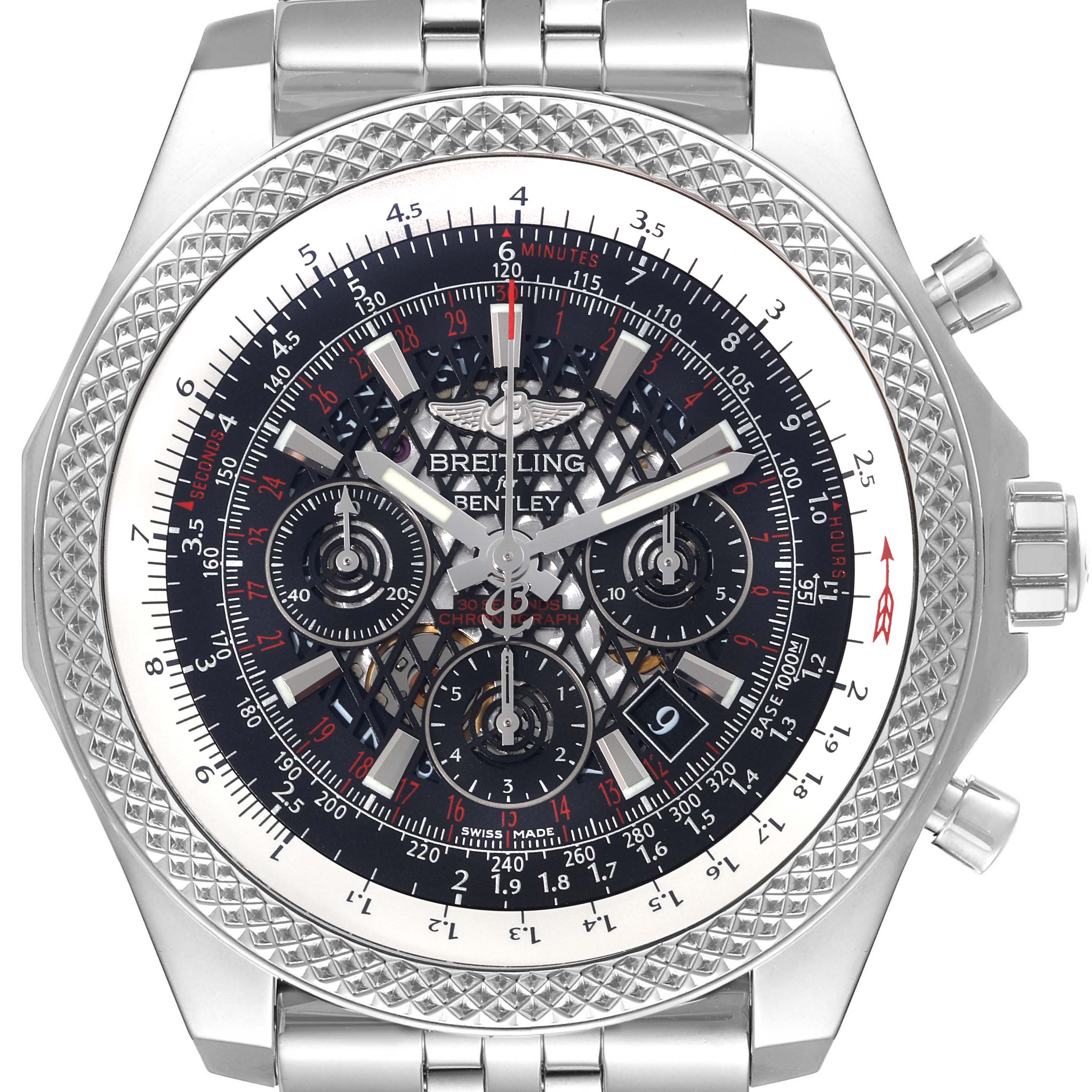 This Breitling Bentley AB061112/BC42 Men's Stainless Steel Black Dial AB061112/BC42 Men's Stainless Steel Black Dial model watch is shown in a front-facing angle displaying its intricate dial and stainless steel bracelet.