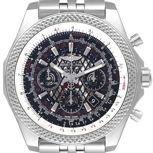 This image shows a front angle view of the Breitling Bentley watch, highlighting its dial, bezel, and crown.