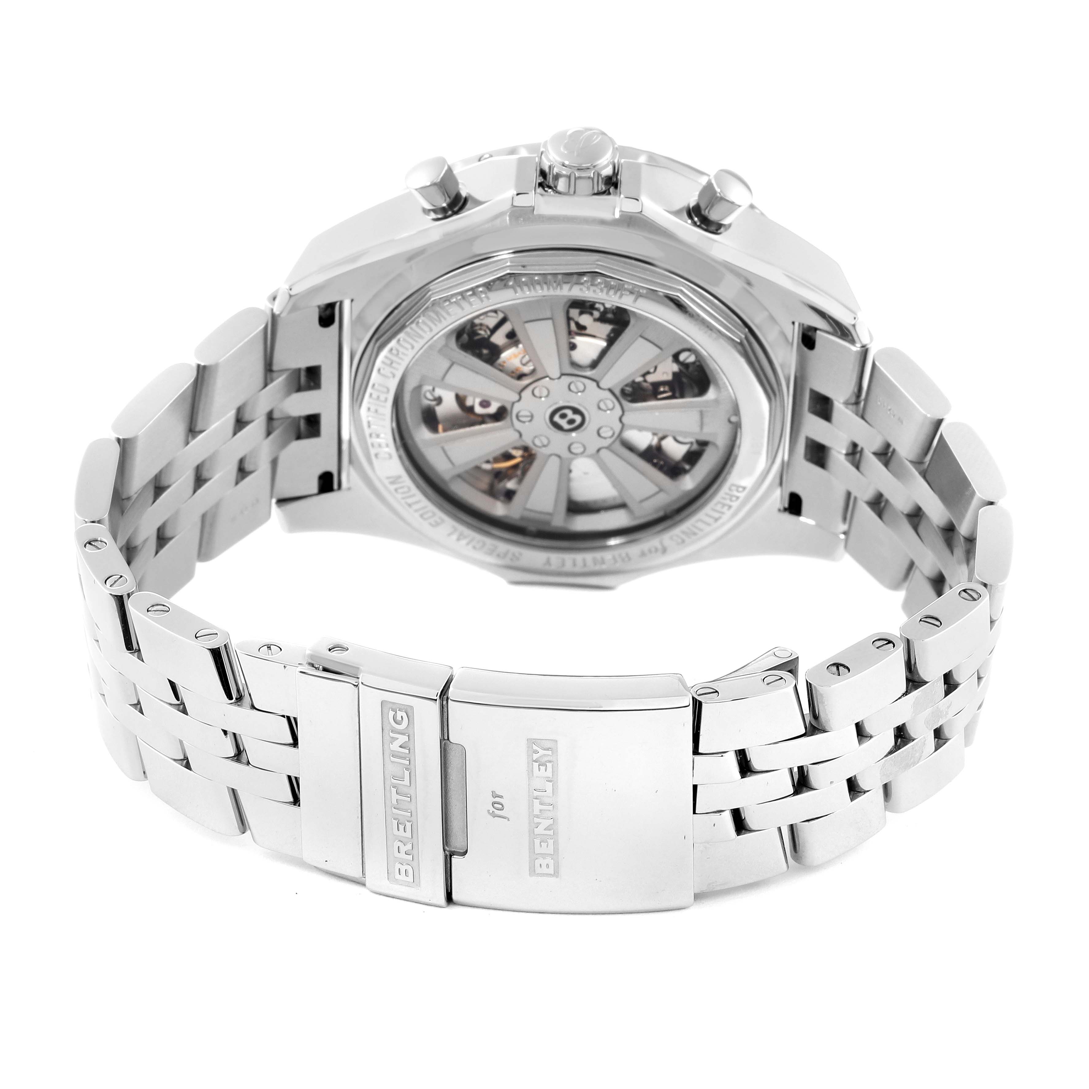 The image shows the rear view of the Breitling Bentley AB061112/BC42 Men's Stainless Steel Black Dial AB061112/BC42 Men's Stainless Steel Black Dial watch, prominently featuring the exhibition case back and metal bracelet with clasp.