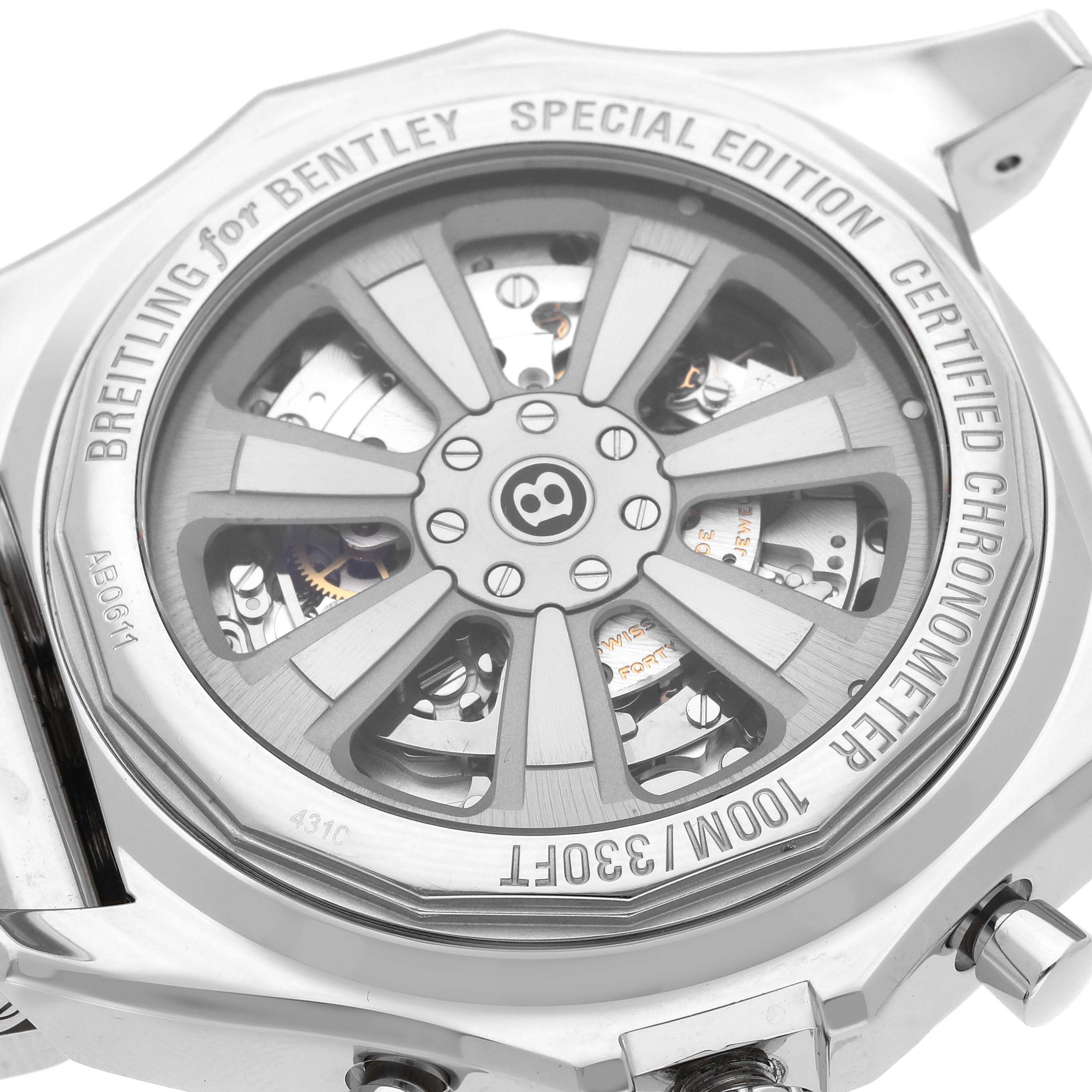 The image shows the back view of the Breitling Bentley AB061112/BC42 Men's Stainless Steel Black Dial AB061112/BC42 Men's Stainless Steel Black Dial watch, highlighting the transparent case back and the internal mechanism.