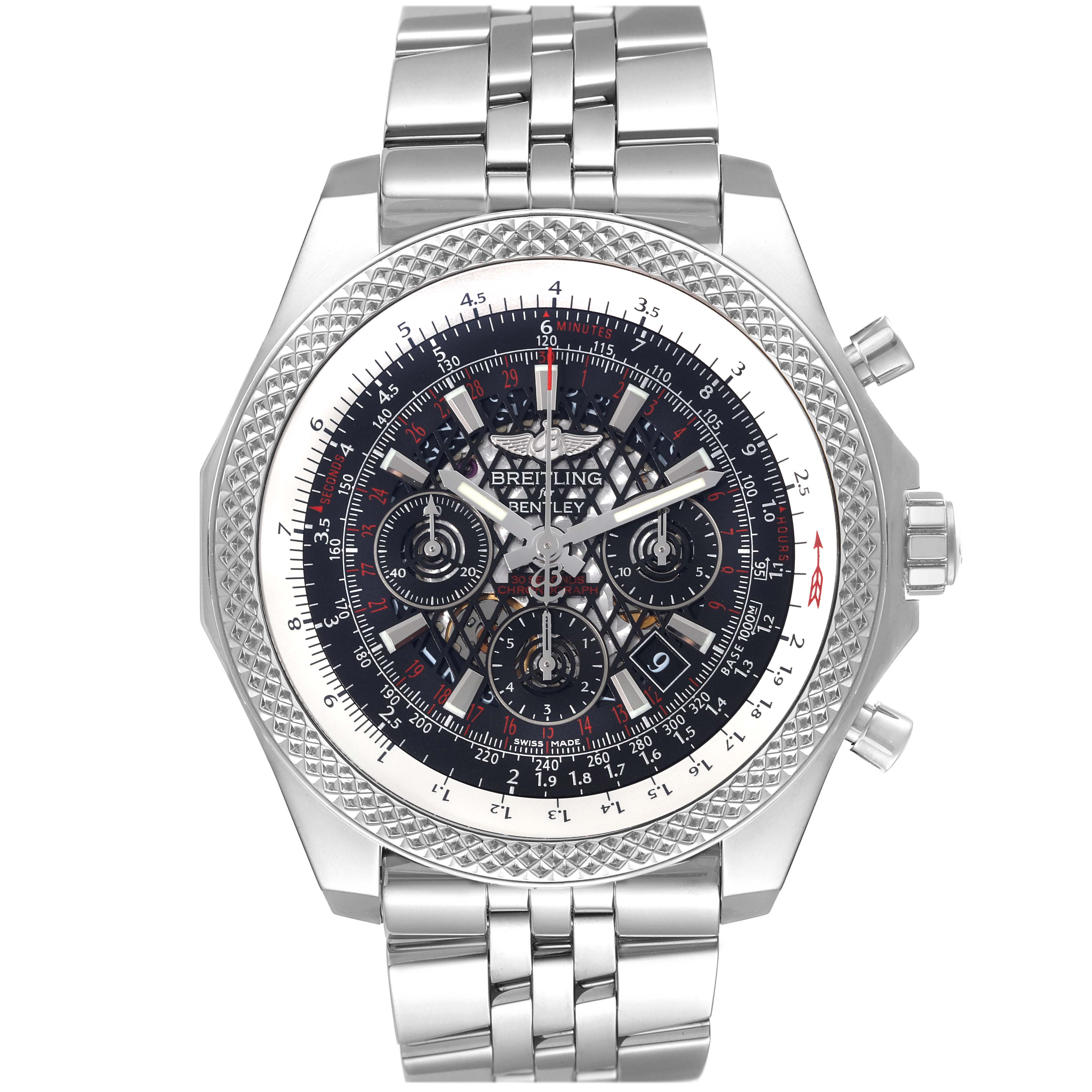 The image shows a front view of the Breitling Bentley AB061112/BC42 Men's Stainless Steel Black Dial AB061112/BC42 Men's Stainless Steel Black Dial watch, highlighting its case, dial, bezel, and metal bracelet.