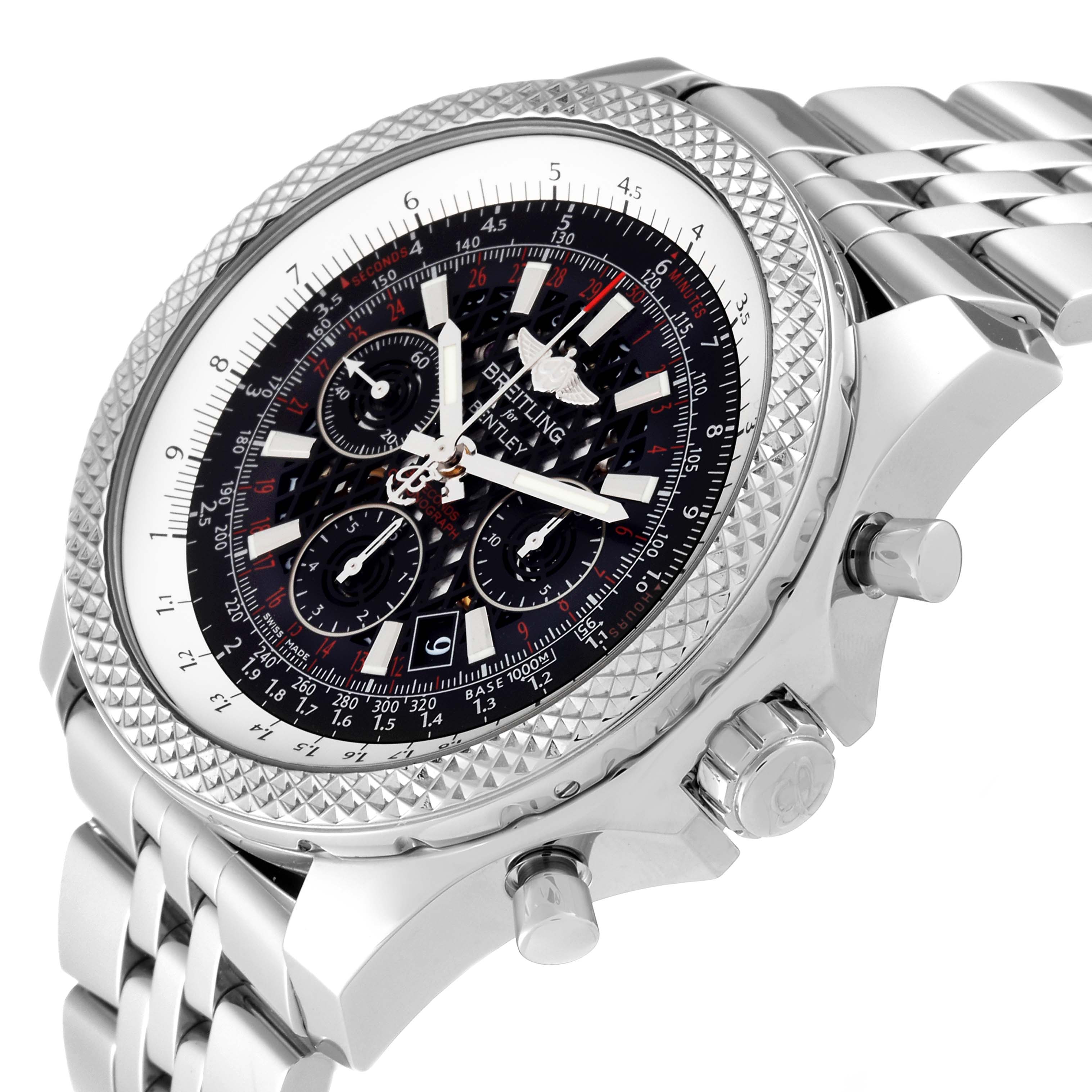 This image shows a close-up angled view of the Bentley model by Breitling, highlighting its face, bezel, crown, pushers, and bracelet.