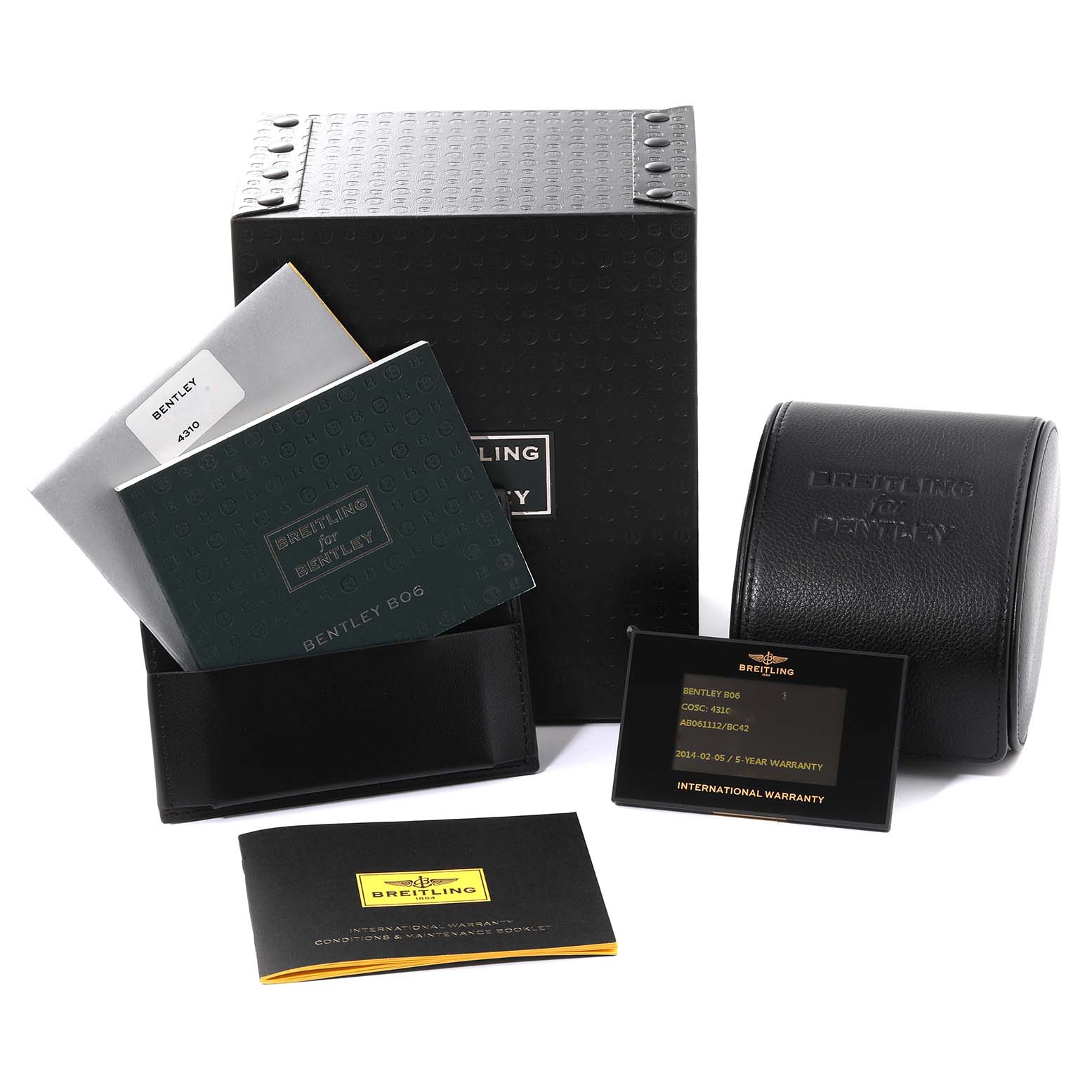 The image shows the packaging, manuals, and warranty card for a Breitling Bentley AB061112/BC42 Men's Stainless Steel Black Dial AB061112/BC42 Men's Stainless Steel Black Dial watch model, along with a watch case.