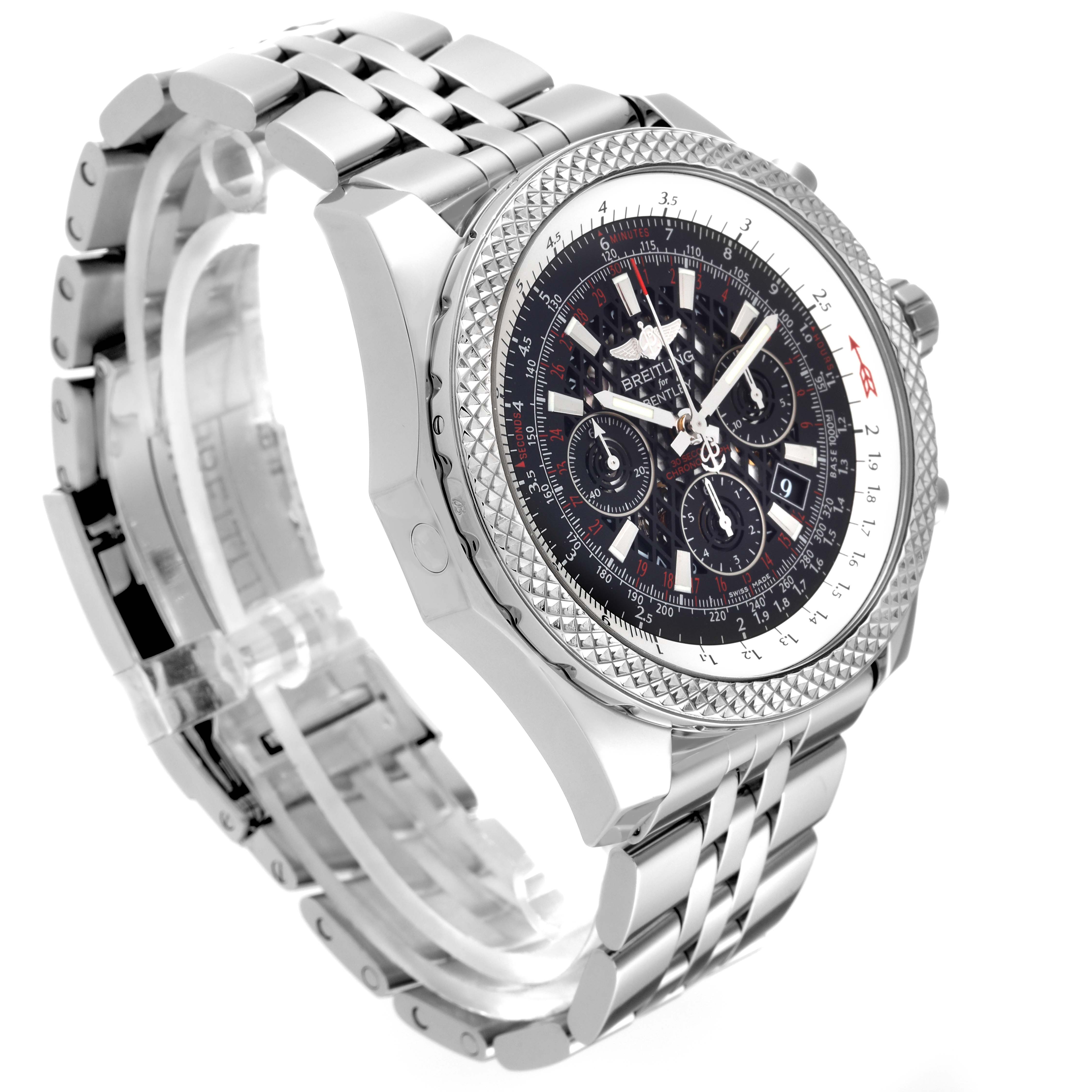 The Bentley model by Breitling is shown at a three-quarter angle, featuring its dial, bezel, and metal bracelet.