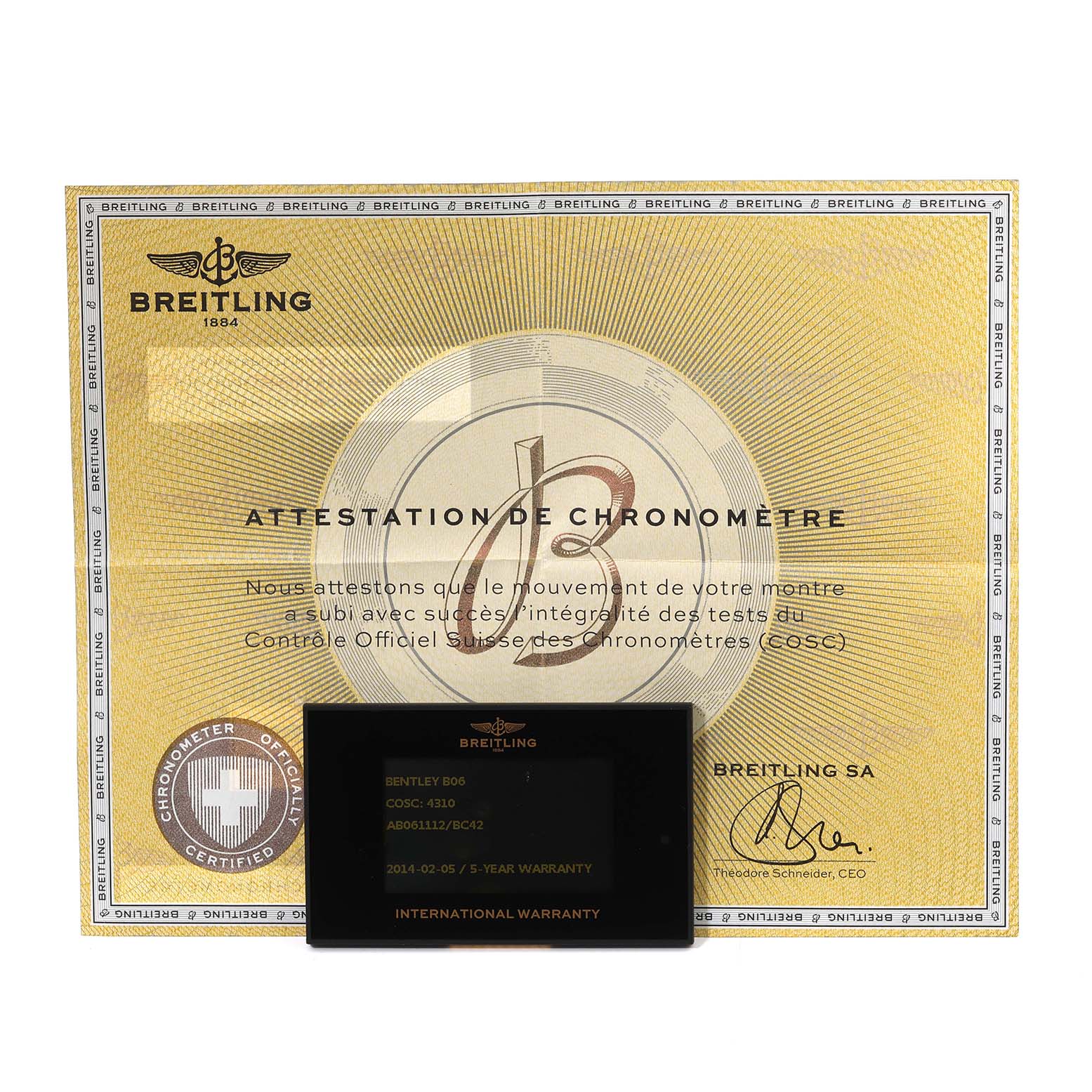 The image shows the Breitling Bentley AB061112/BC42 Men's Stainless Steel Black Dial AB061112/BC42 Men's Stainless Steel Black Dial model's chronometer certificate and an international warranty card.