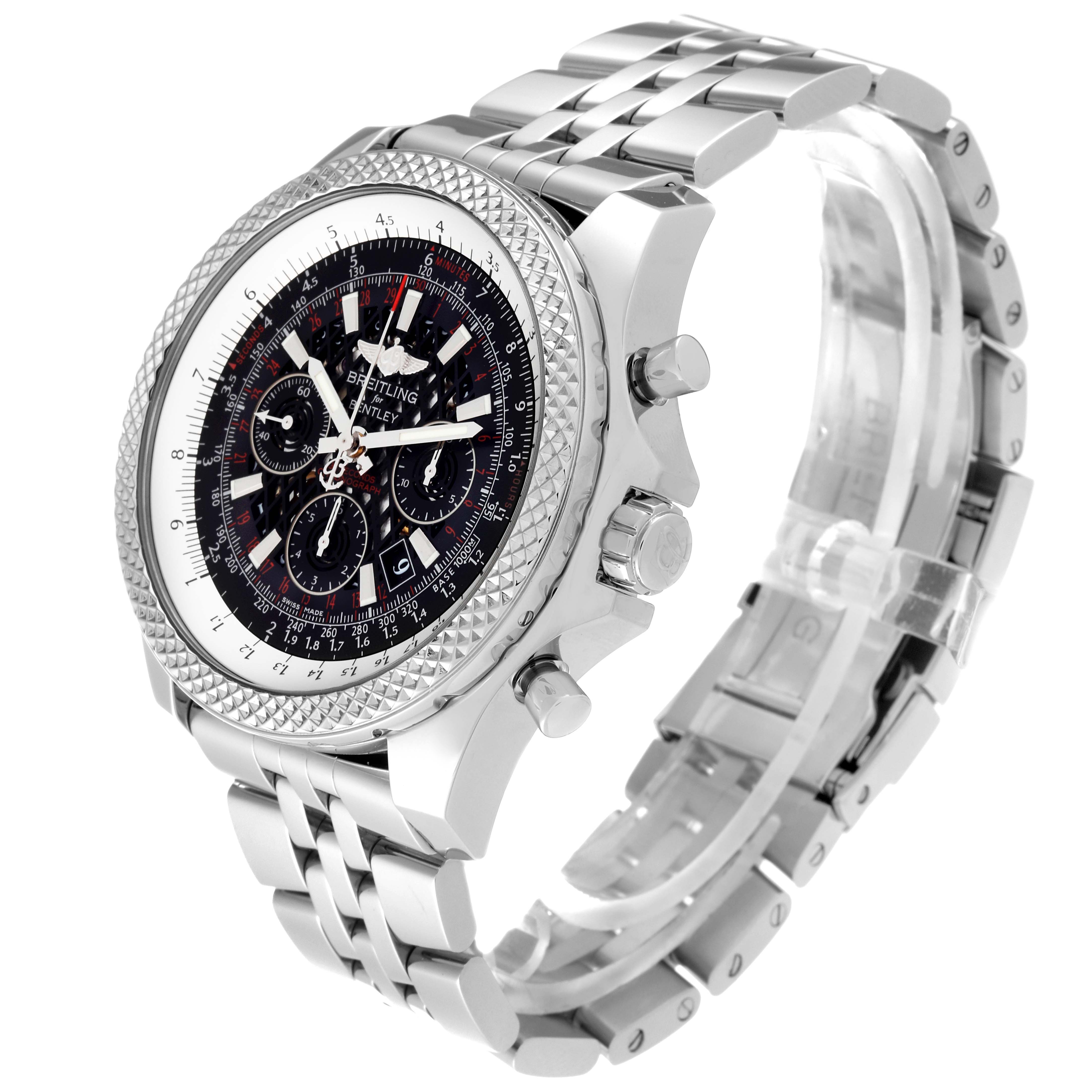 The image shows a Breitling Bentley AB061112/BC42 Men's Stainless Steel Black Dial AB061112/BC42 Men's Stainless Steel Black Dial model watch from a three-quarter side angle, featuring its face, bezel, and metal bracelet.