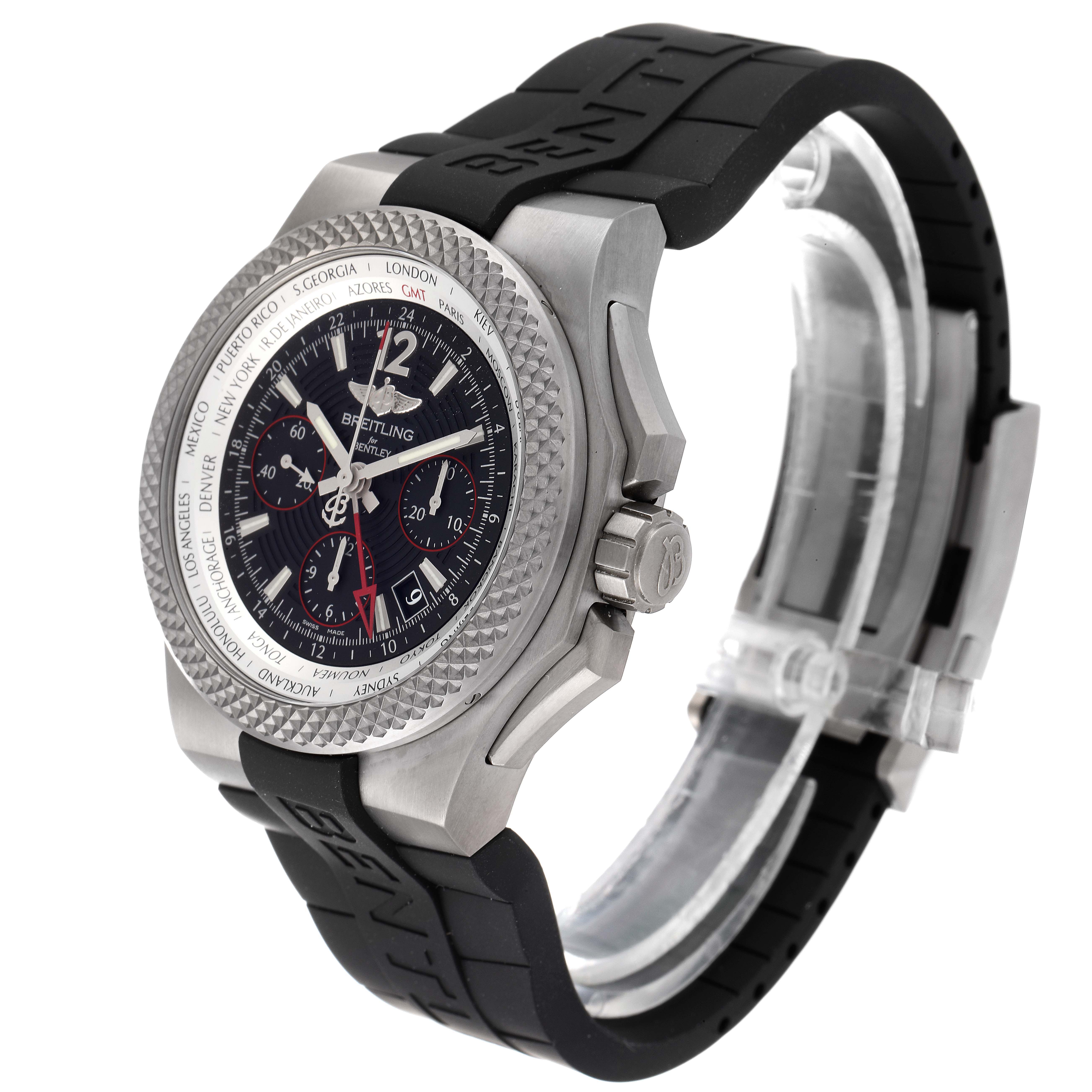 The image shows a side angle of the Breitling Bentley EB0433 Men's Titanium Black Dial EB0433 Men's Titanium Black Dial model watch, highlighting its bezel, crown, dial, and black rubber strap.