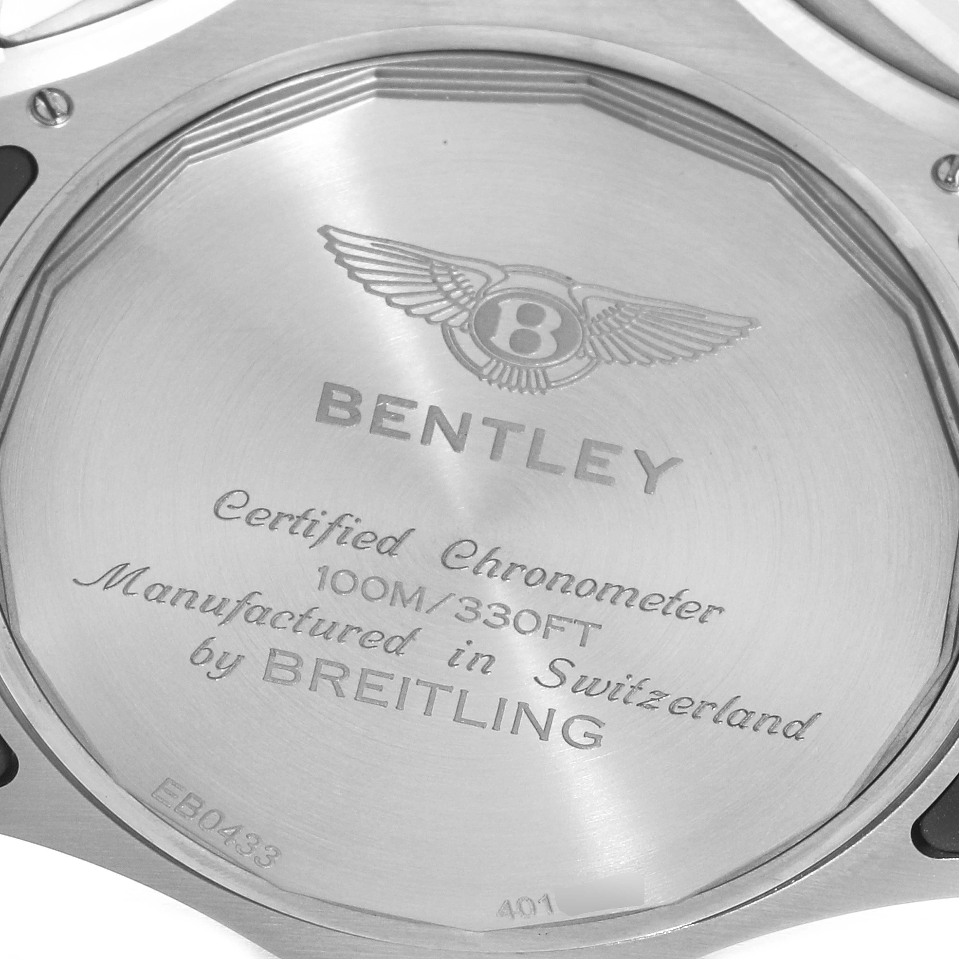 The image shows the back case of the Bentley model watch by Breitling, displaying its engraved specifications and logo.