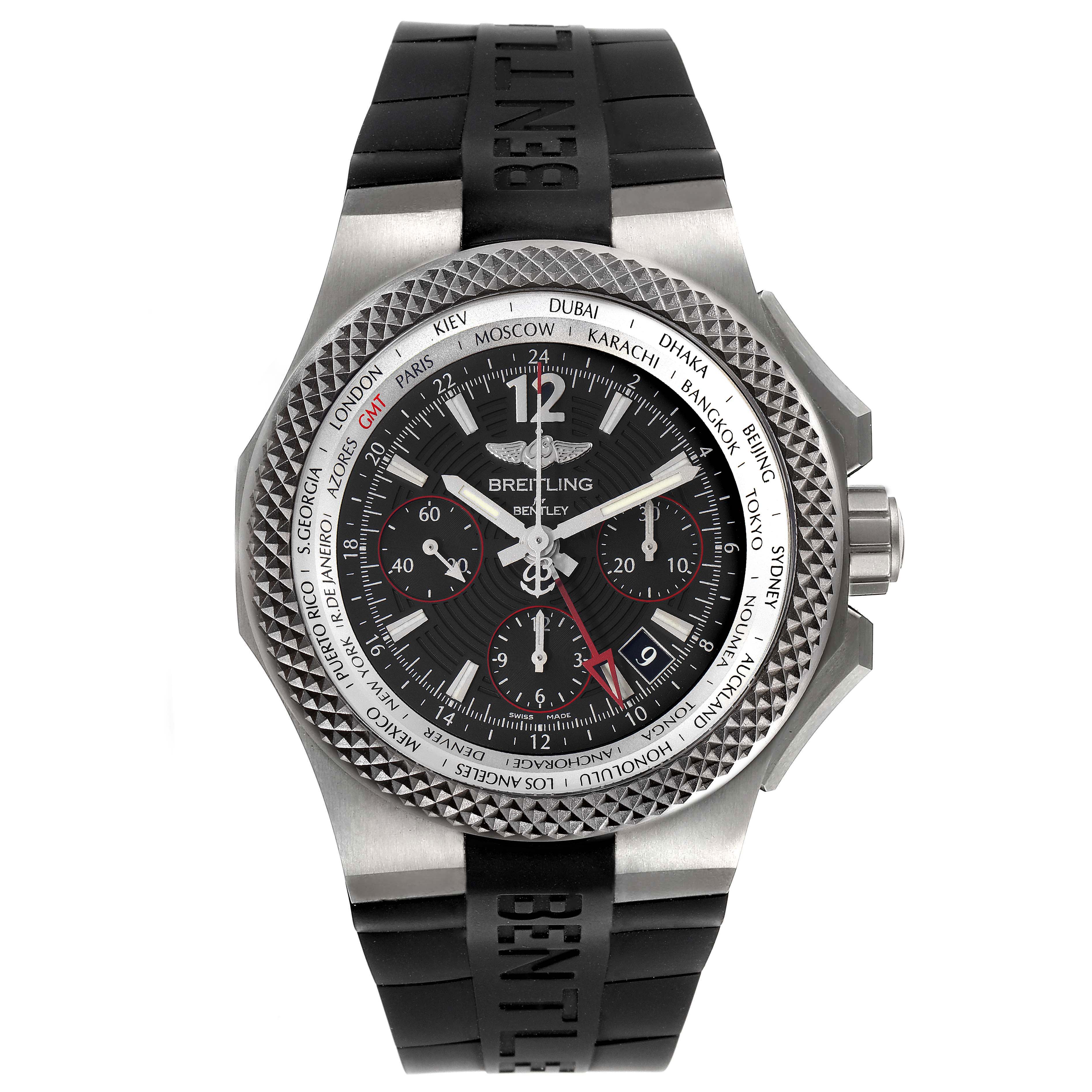 This image shows a frontal view of the Breitling Bentley EB0433 Men's Titanium Black Dial EB0433 Men's Titanium Black Dial watch, revealing the dial, bezel, and strap with the Bentley logo.