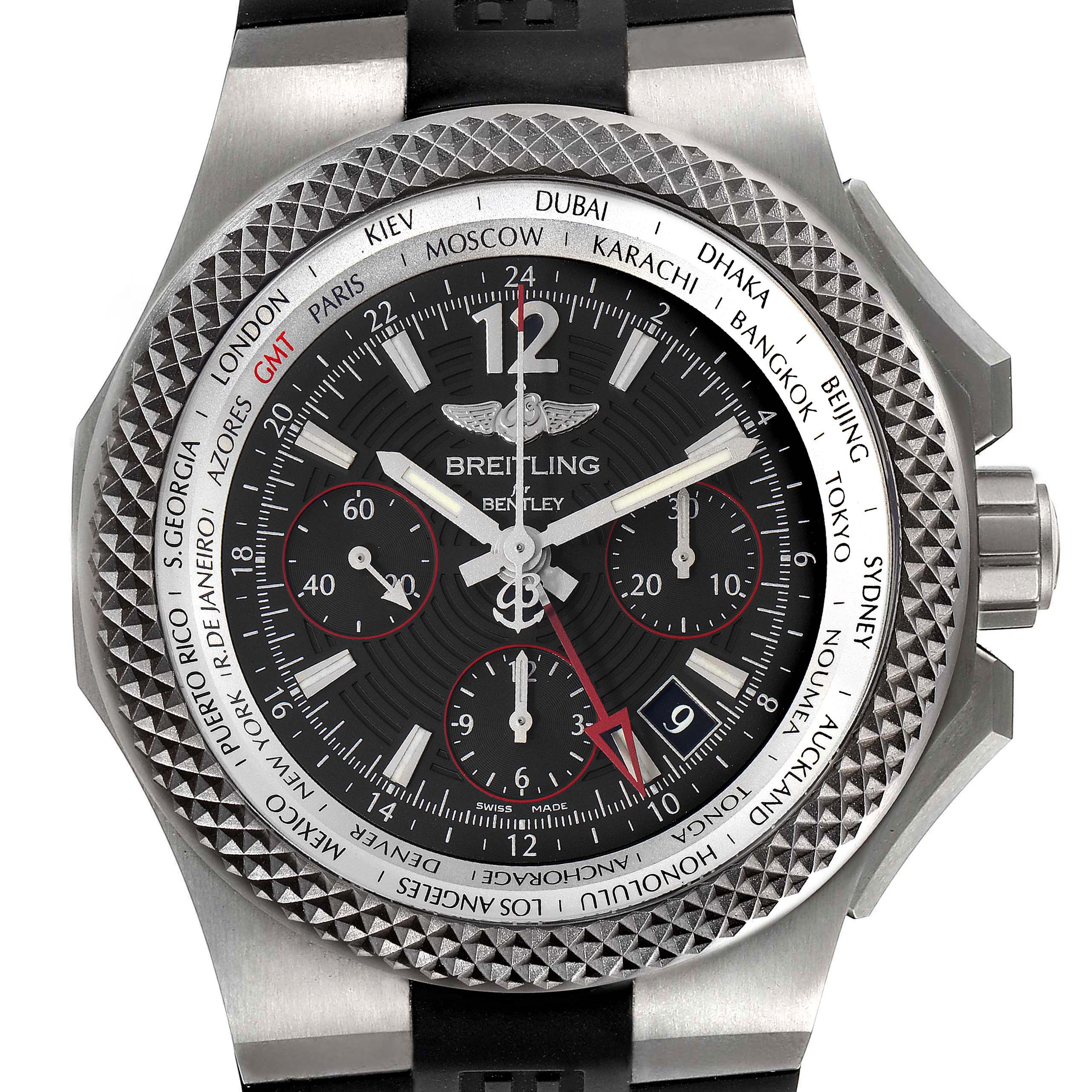 This image shows the face of a Breitling Bentley EB0433 Men's Titanium Black Dial EB0433 Men's Titanium Black Dial model watch with dials and city names, viewed from the front angle.