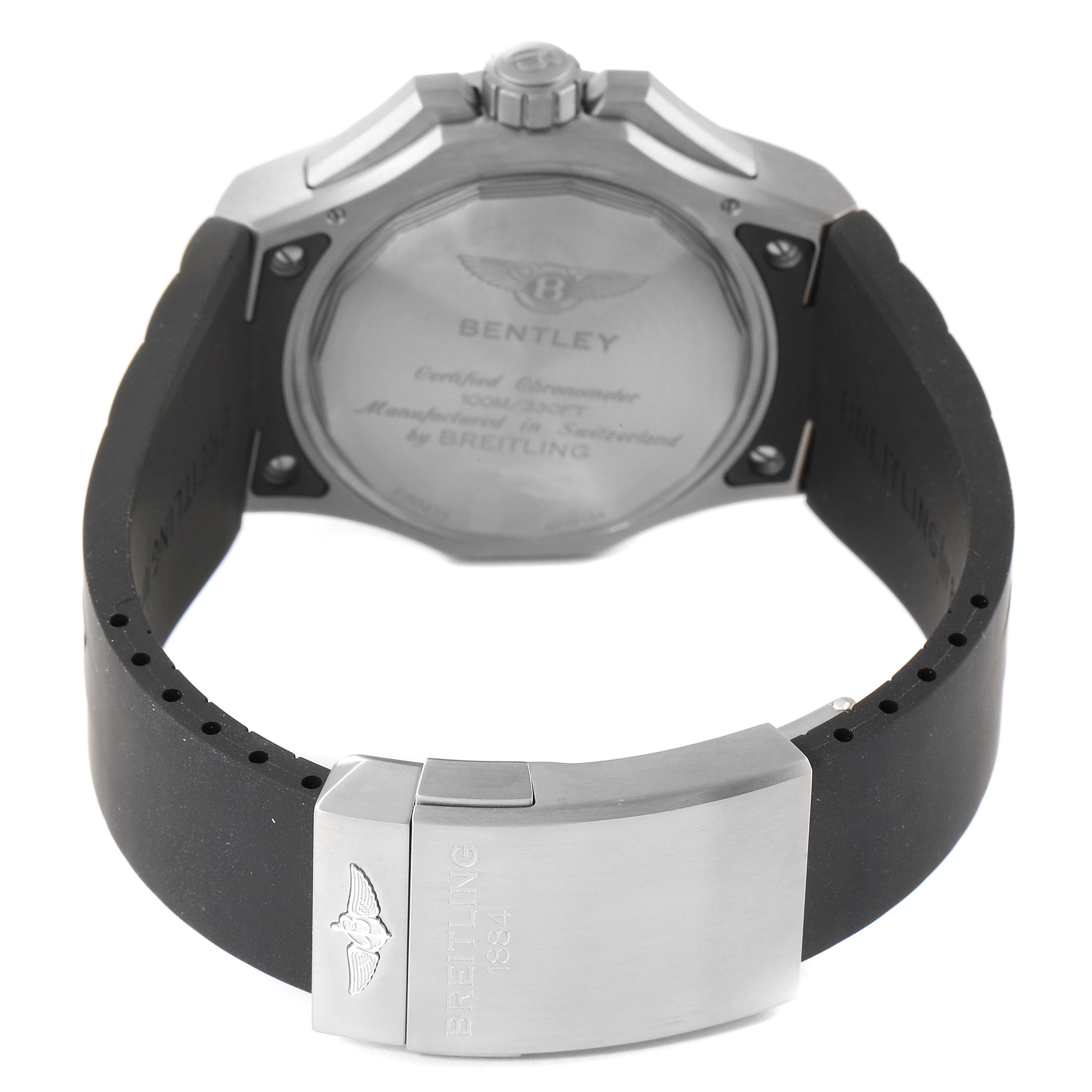 The image shows the back view of a Bentley model by Breitling, highlighting the case back, strap, and clasp.