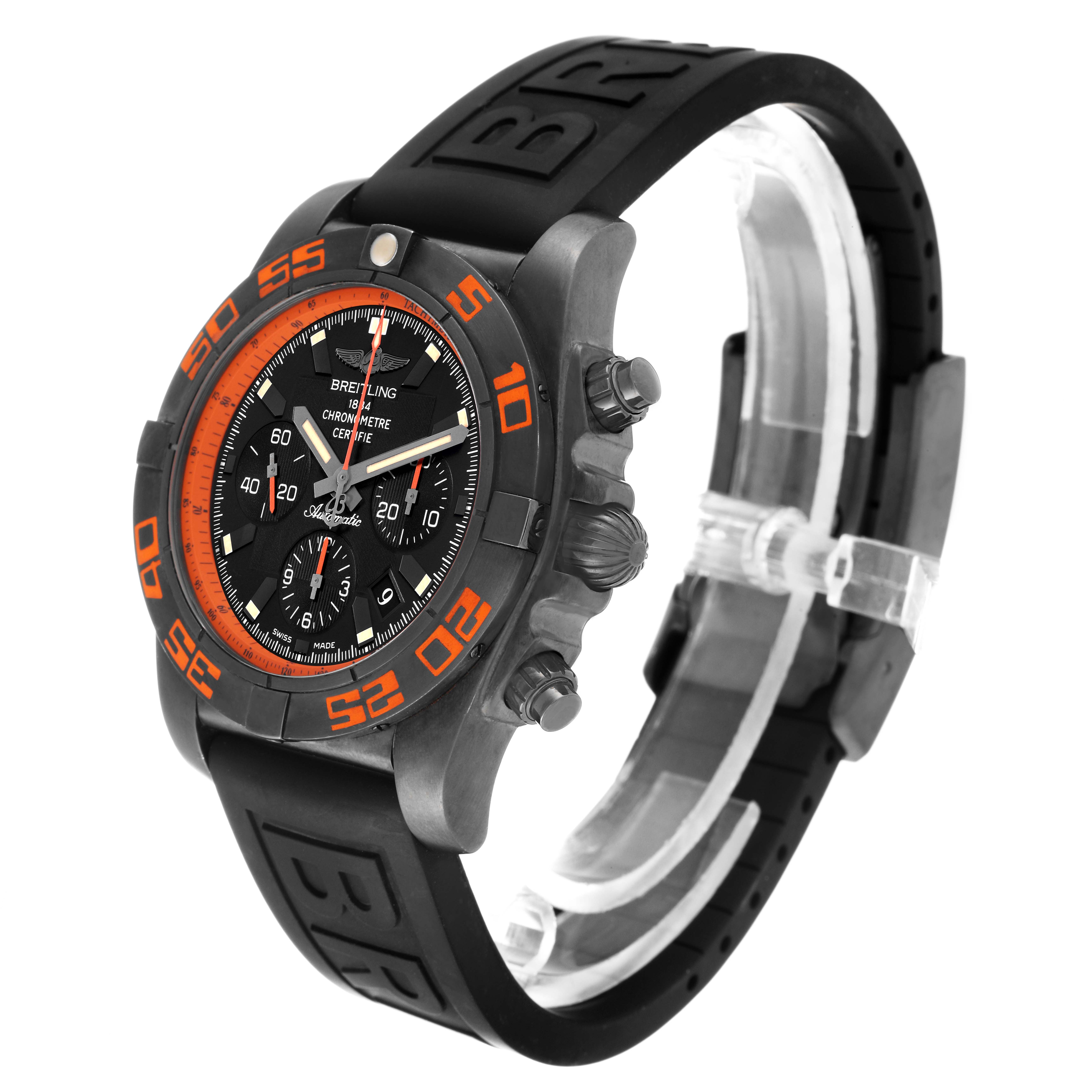 This image shows a Breitling Chronomat MB0111 Men's Stainless Steel Black Dial MB0111 Men's Stainless Steel Black Dial watch at an angle, displaying the face, bezel, and strap.