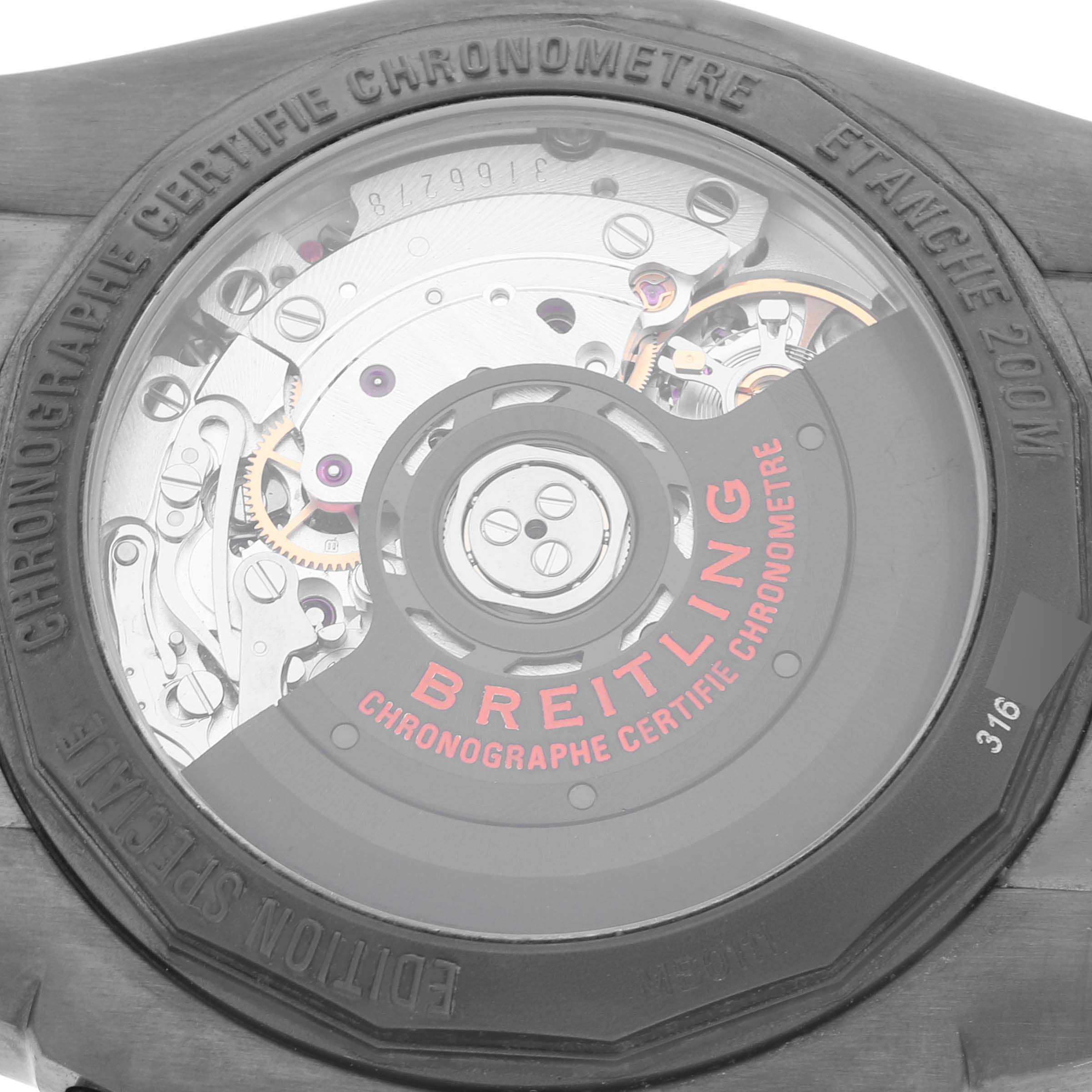 The image shows the back view of a Breitling Chronomat MB0111 Men's Stainless Steel Black Dial MB0111 Men's Stainless Steel Black Dial watch, highlighting its inner mechanical components and branding details.