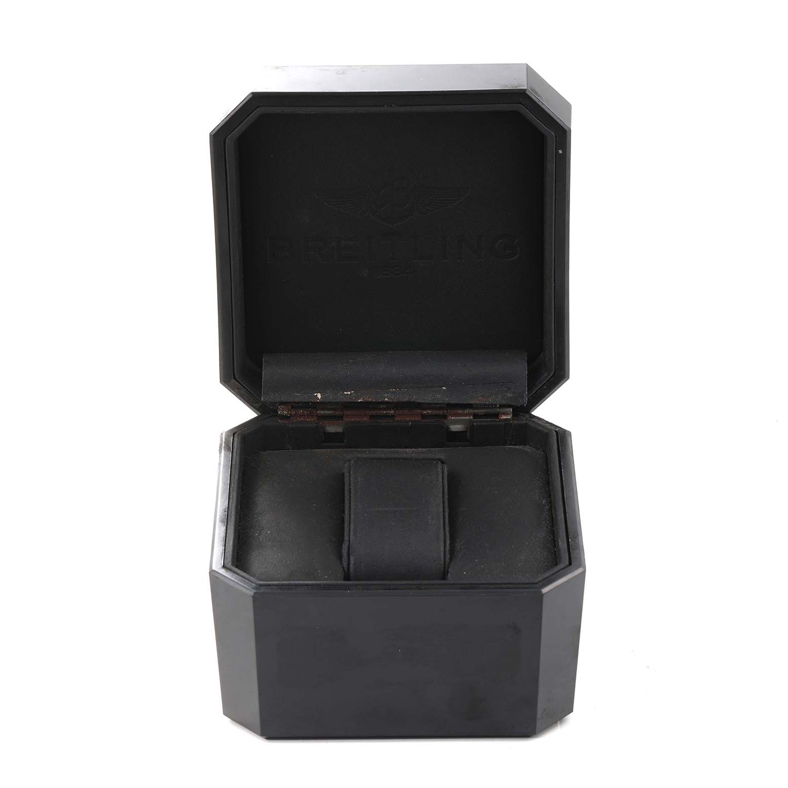 The image shows an open watch box of a Breitling Chronomat MB0111 Men's Stainless Steel Black Dial MB0111 Men's Stainless Steel Black Dial model, displaying the watch cushion and inner lining.