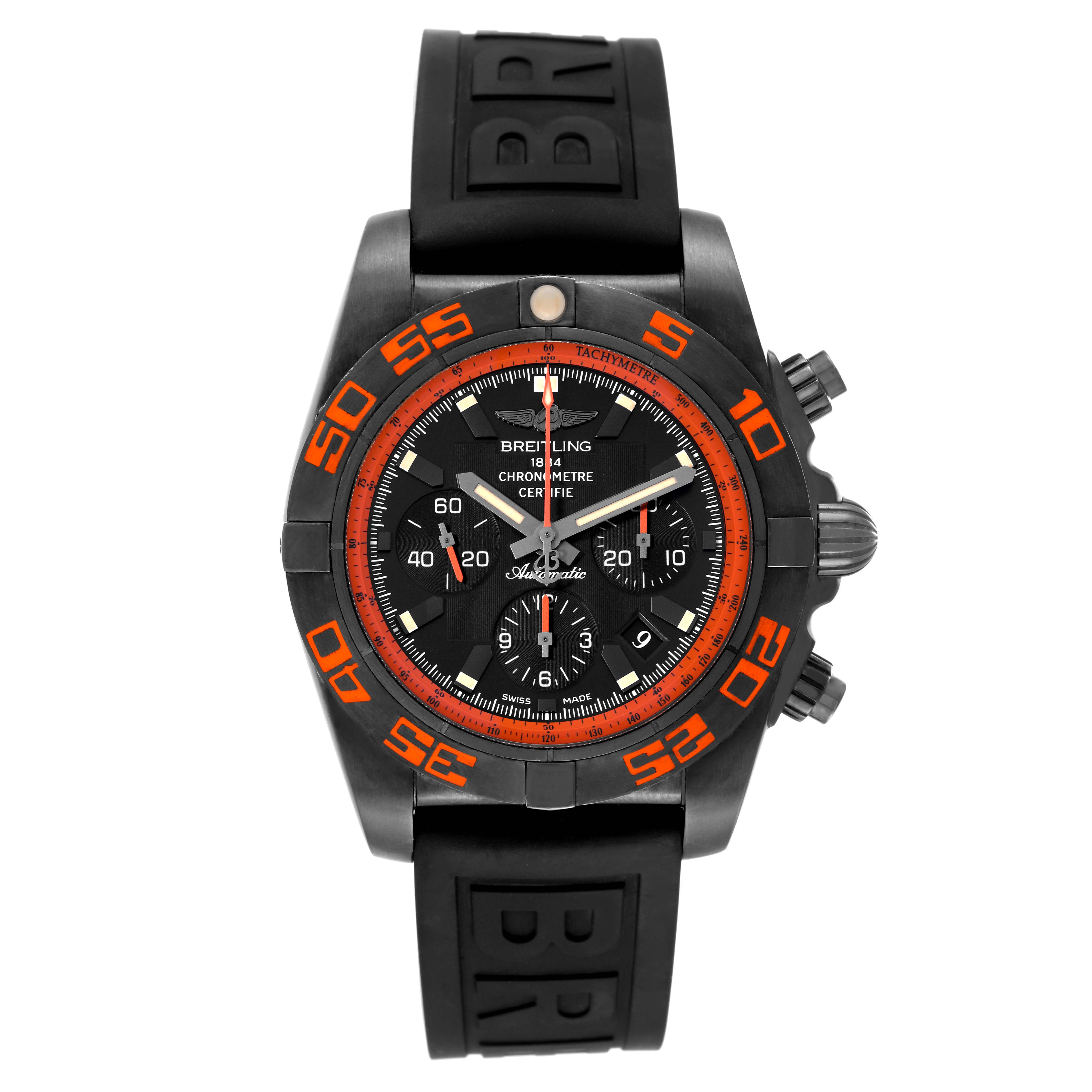 The image shows a front view of the Breitling Chronomat MB0111 Men's Stainless Steel Black Dial MB0111 Men's Stainless Steel Black Dial watch with a black dial, orange accents, and a black rubber strap.