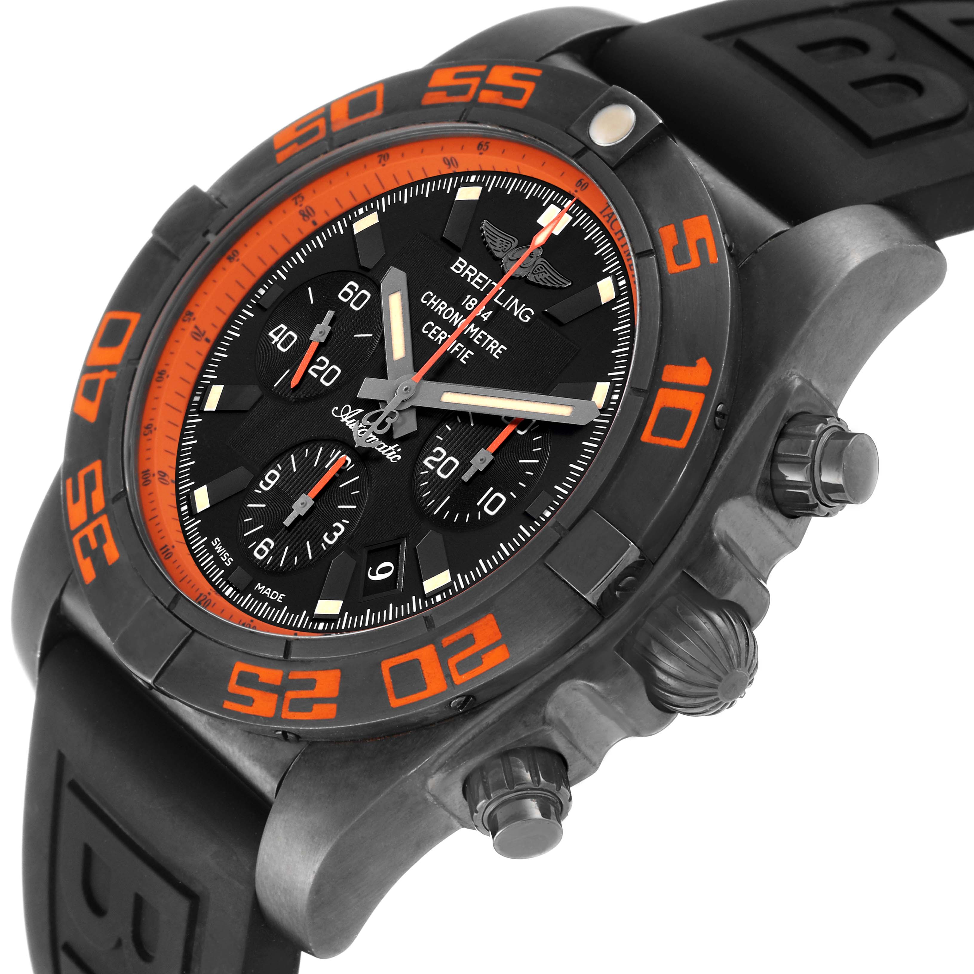 This image shows a side and partial front view of the Breitling Chronomat MB0111 Men's Stainless Steel Black Dial MB0111 Men's Stainless Steel Black Dial watch, highlighting its dial, bezel, and rubber strap.